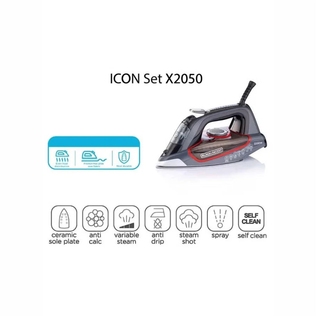 Black+Decker 2200W Steam Iron with Ceramic Soleplate, 380ml Tank, Anti-Drip & Auto Shutoff – X2050-B5 (Grey) - Damoo