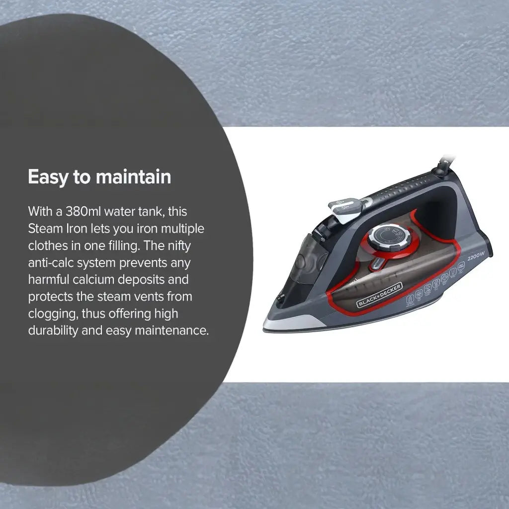 Black+Decker 2200W Steam Iron with Ceramic Soleplate, 380ml Tank, Anti-Drip & Auto Shutoff – X2050-B5 (Grey) - Damoo