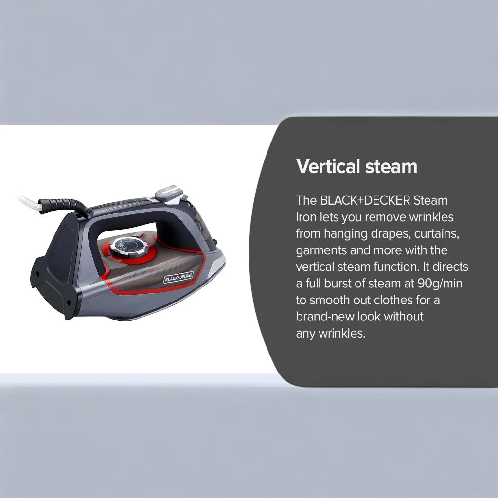 Black+Decker 2200W Steam Iron with Ceramic Soleplate, 380ml Tank, Anti-Drip & Auto Shutoff – X2050-B5 (Grey) - Damoo