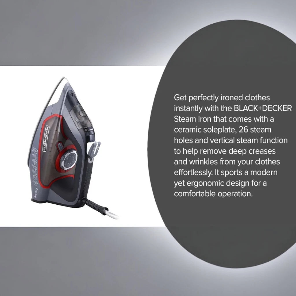 Black+Decker 2200W Steam Iron with Ceramic Soleplate, 380ml Tank, Anti-Drip & Auto Shutoff – X2050-B5 (Grey) - Damoo