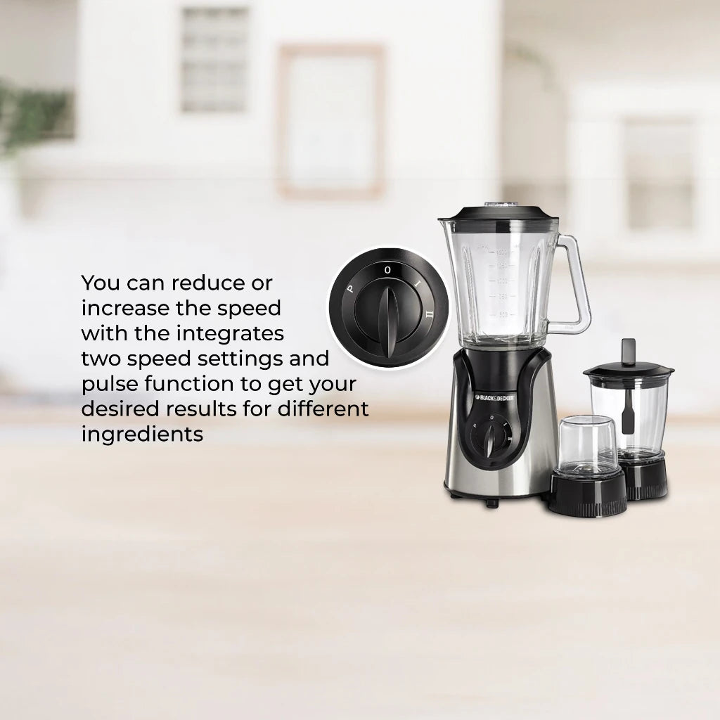 Black+Decker 3-in-1 Blender with Grinder & Mincer Chopper – 600W Power, 1.5L Glass Jar, 2 Speed + Pulse, Stainless Steel Blades, Ice Crusher & Coffee Grinder – BX600G-B5 - Damoo