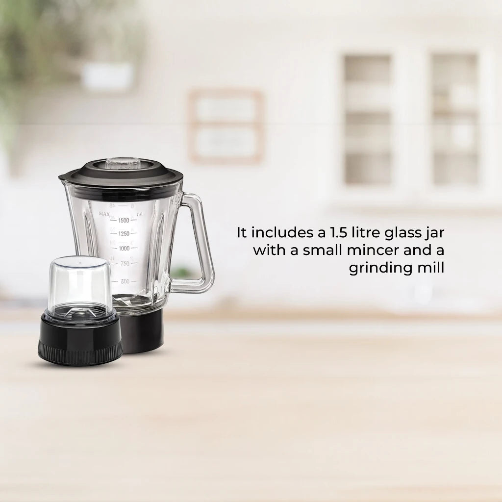 Black+Decker 3-in-1 Blender with Grinder & Mincer Chopper – 600W Power, 1.5L Glass Jar, 2 Speed + Pulse, Stainless Steel Blades, Ice Crusher & Coffee Grinder – BX600G-B5 - Damoo