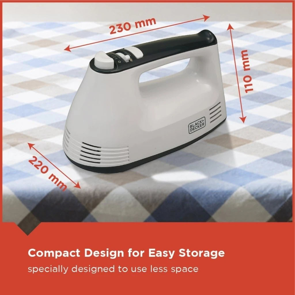 Black & Decker 300W Hand Mixer – 5-Speed Electric Mixer with Turbo Boost, Stainless Steel Beaters & Dough Hooks, Lightweight Design – Ideal for Baking, Whipping & Mixing – White & Grey - M350-B5 - Damoo