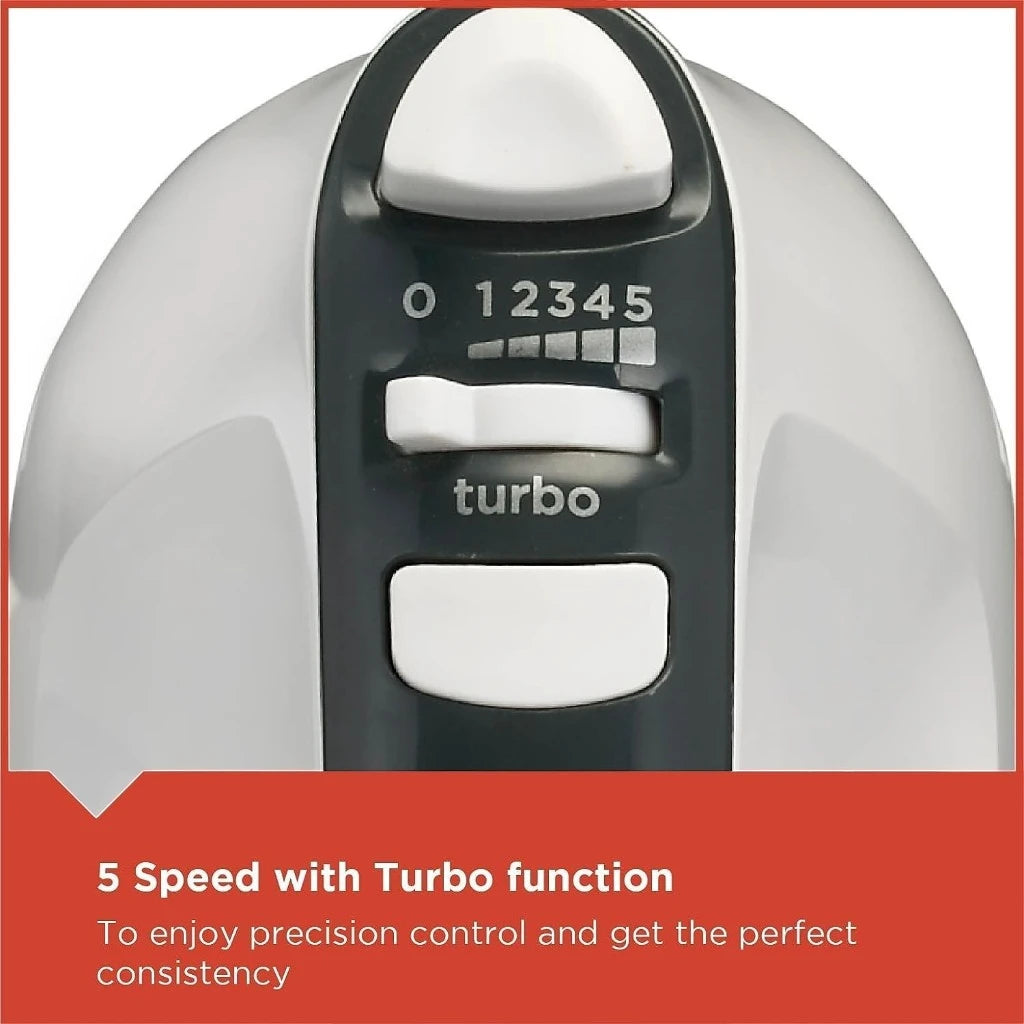 Black & Decker 300W Hand Mixer – 5-Speed Electric Mixer with Turbo Boost, Stainless Steel Beaters & Dough Hooks, Lightweight Design – Ideal for Baking, Whipping & Mixing – White & Grey - M350-B5 - Damoo