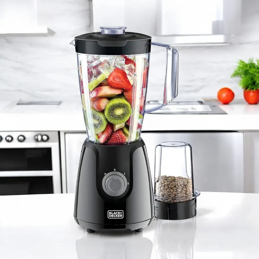 Black+Decker Blender with Grinder Mill and Extra 1.5L Blender Jar – 400W – 2 Speed + Pulse, Stainless Steel Blades, Thermostat Safety, Portable Design – BX430J-B5 –Black - Damoo