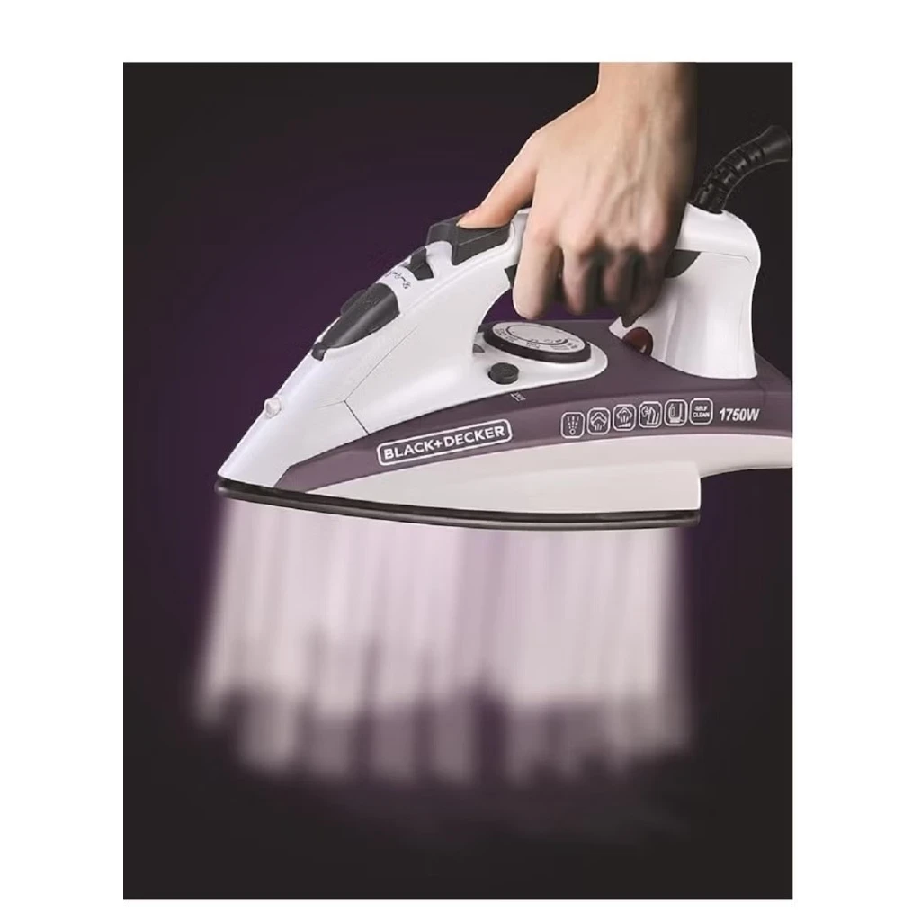 Black+Decker Steam Iron X1750-B5 – 1750W Ceramic Soleplate | Anti-Drip, Self-Cleaning, Auto Shutoff | Powerful Steam Iron for Fast Wrinkle Removal (White/Purple) - Damoo