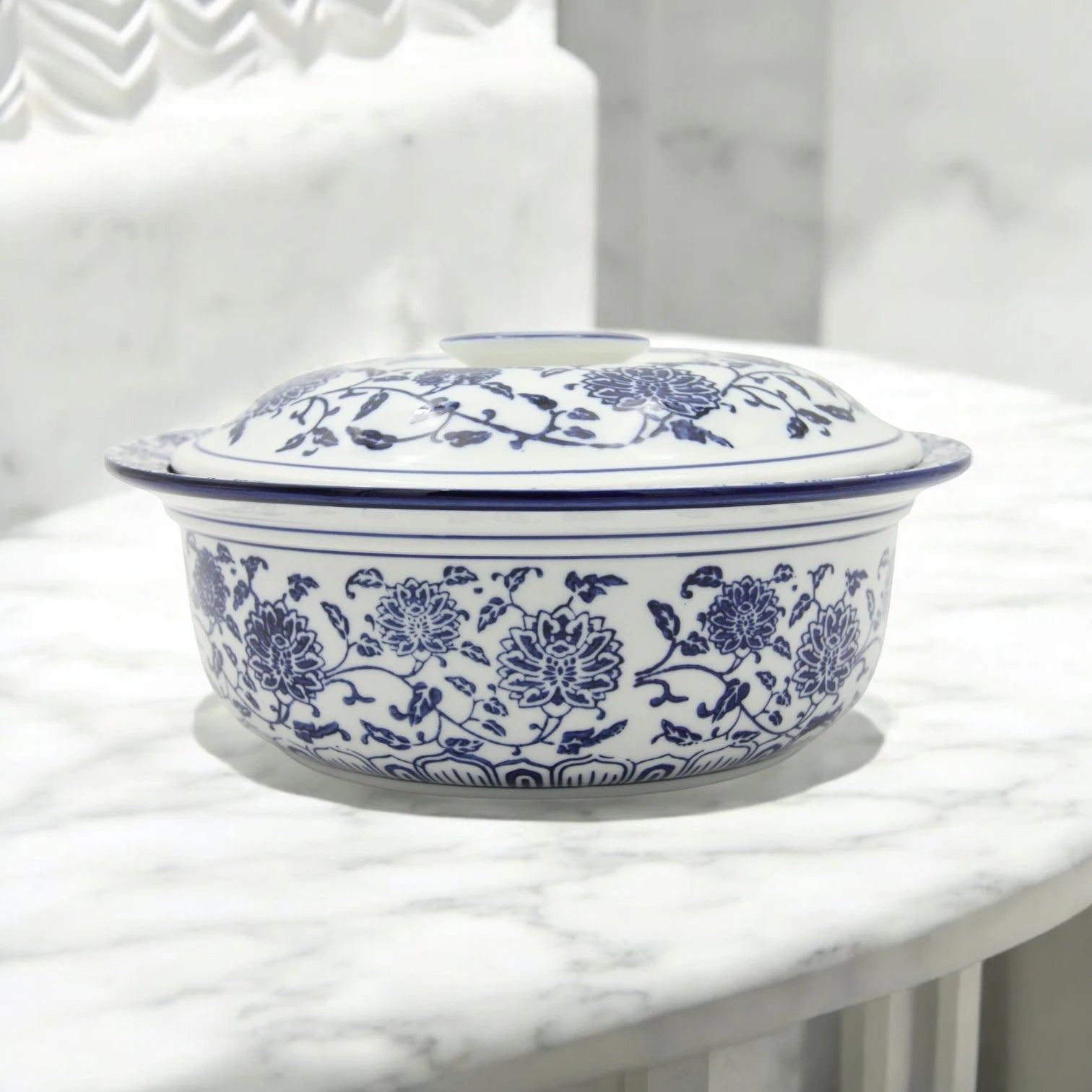Blue and White Floral Lidded Serving Bowl – Elegant Decorative Bowl for Rice, Salads, and Hot Dishes - Damoo