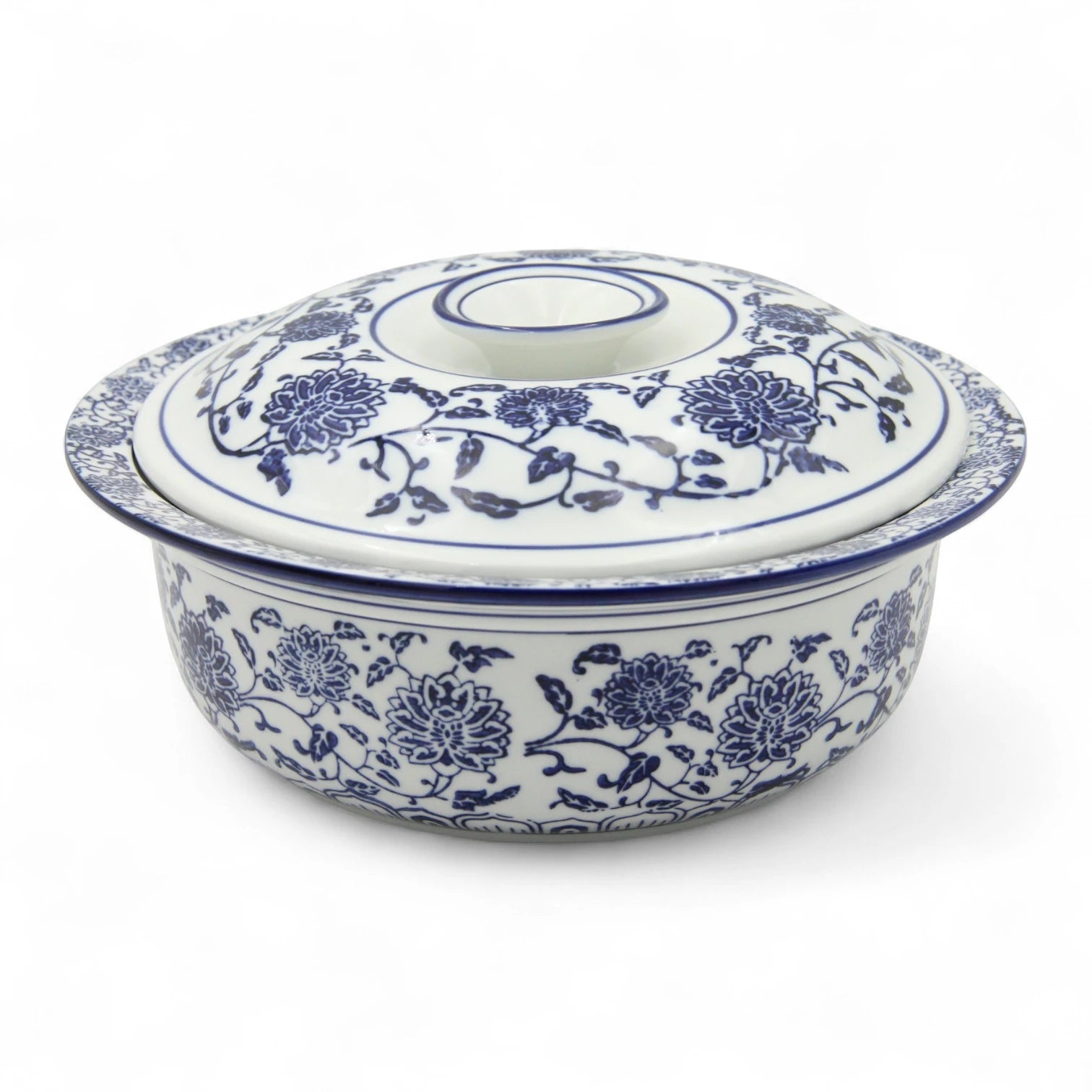Blue and White Floral Lidded Serving Bowl – Elegant Decorative Bowl for Rice, Salads, and Hot Dishes - Damoo