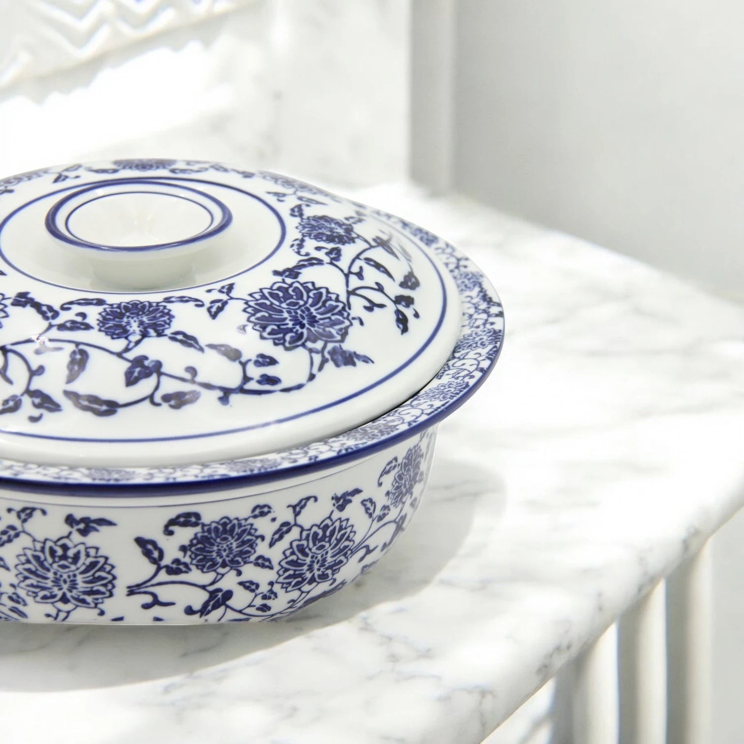 Blue and White Floral Lidded Serving Bowl – Elegant Decorative Bowl for Rice, Salads, and Hot Dishes - Damoo