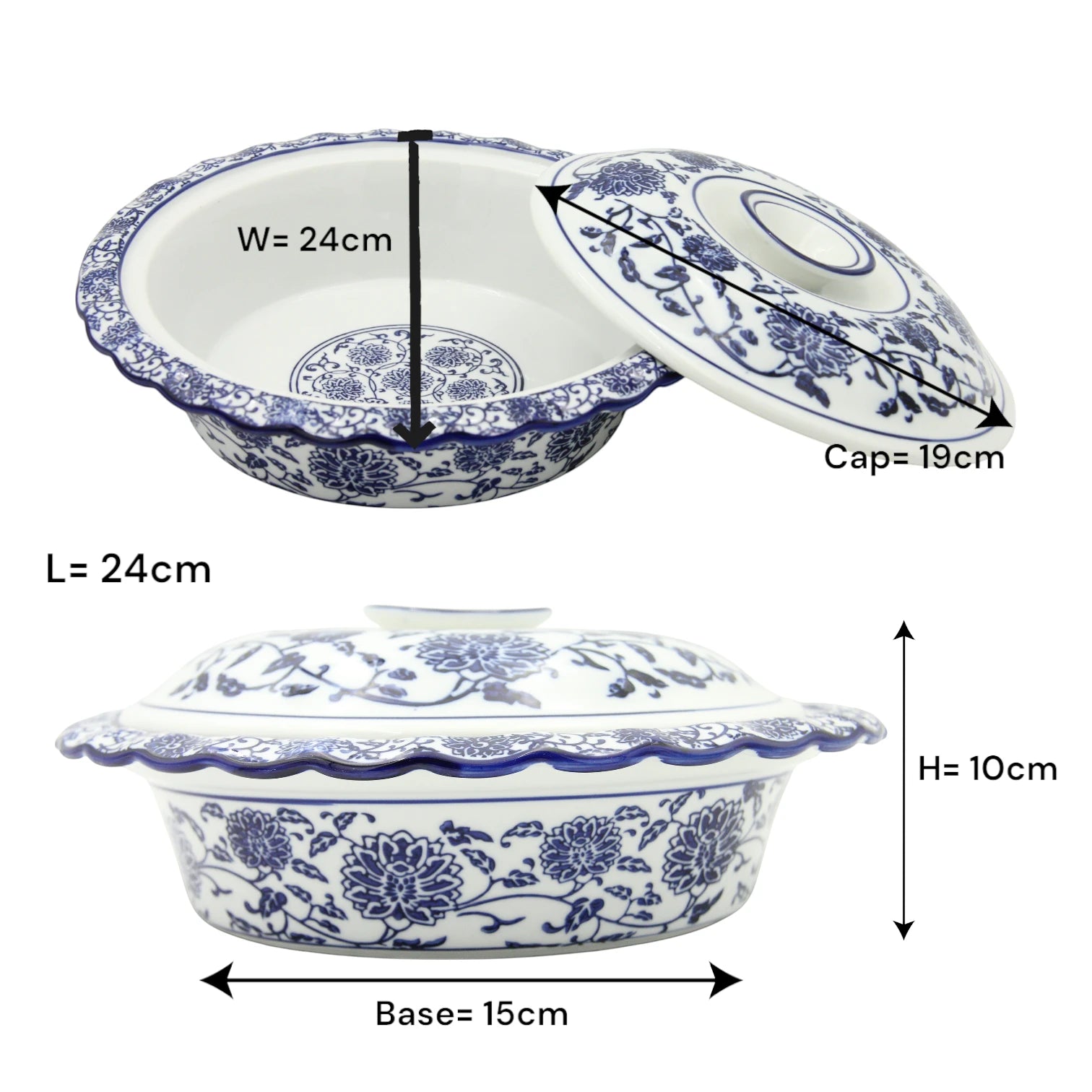 Blue & White Floral Serving Bowl with Lid – Elegant serving Dish for Rice, Salads, and Traditional Meals - Damoo