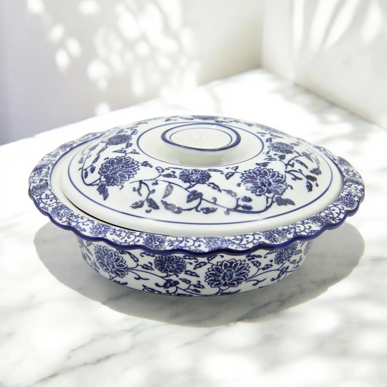 Blue & White Floral Serving Bowl with Lid – Elegant serving Dish for Rice, Salads, and Traditional Meals - Damoo