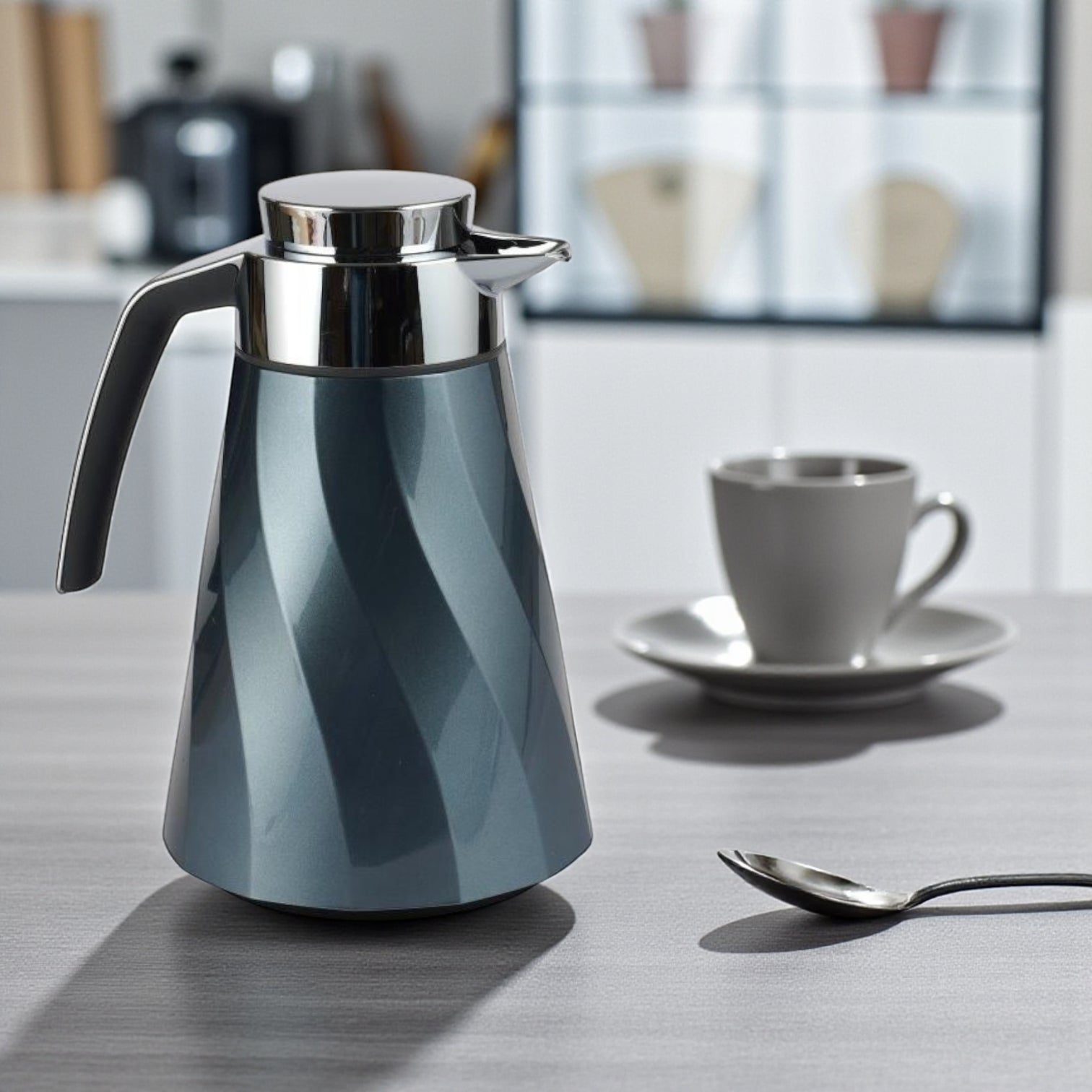 Emsa Cone Thermal Jug Swirl 1 L – Metallic Blue / Silver | Premium German-Made Vacuum Flask with Glass Liner for Hot & Cold Drinks - Damoo