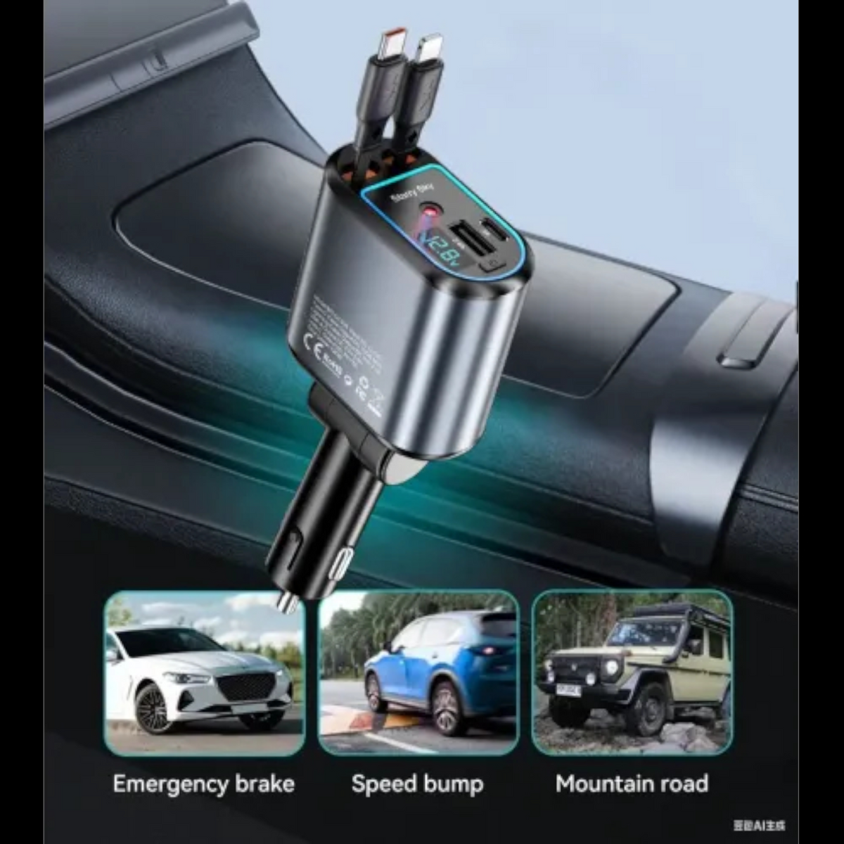 BWOO 4-in-1 Retractable Fast Car Charger 120W – Type-C + Lightning Cables with USB-A & USB-C Ports, Digital Display, 800mm Pull-Out Cable, Compatible with iPhone 15/14/13, Samsung Galaxy, Tablets & More