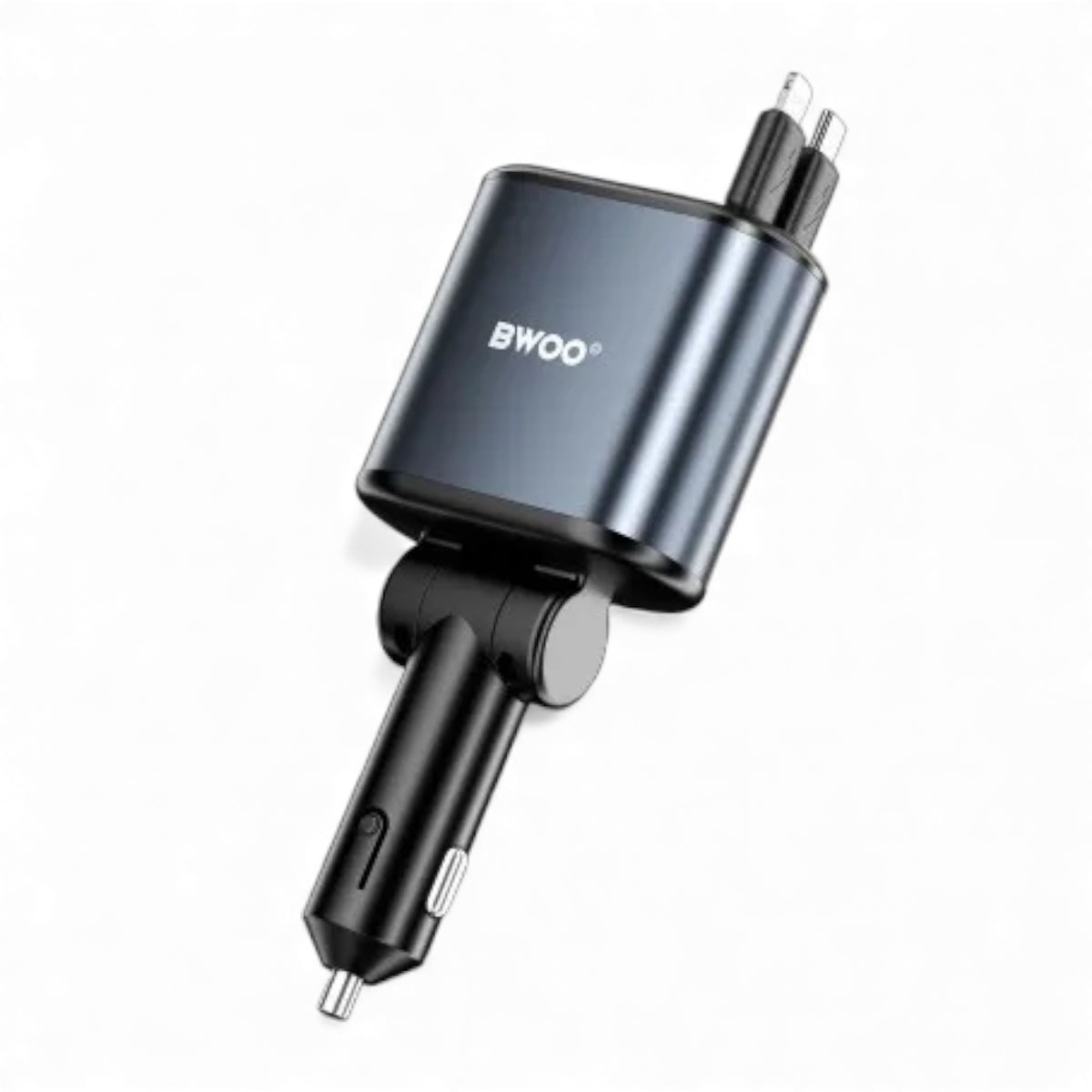 BWOO 4-in-1 Retractable Fast Car Charger 120W – Type-C + Lightning Cables with USB-A & USB-C Ports, Digital Display, 800mm Pull-Out Cable, Compatible with iPhone 15/14/13, Samsung Galaxy, Tablets & More