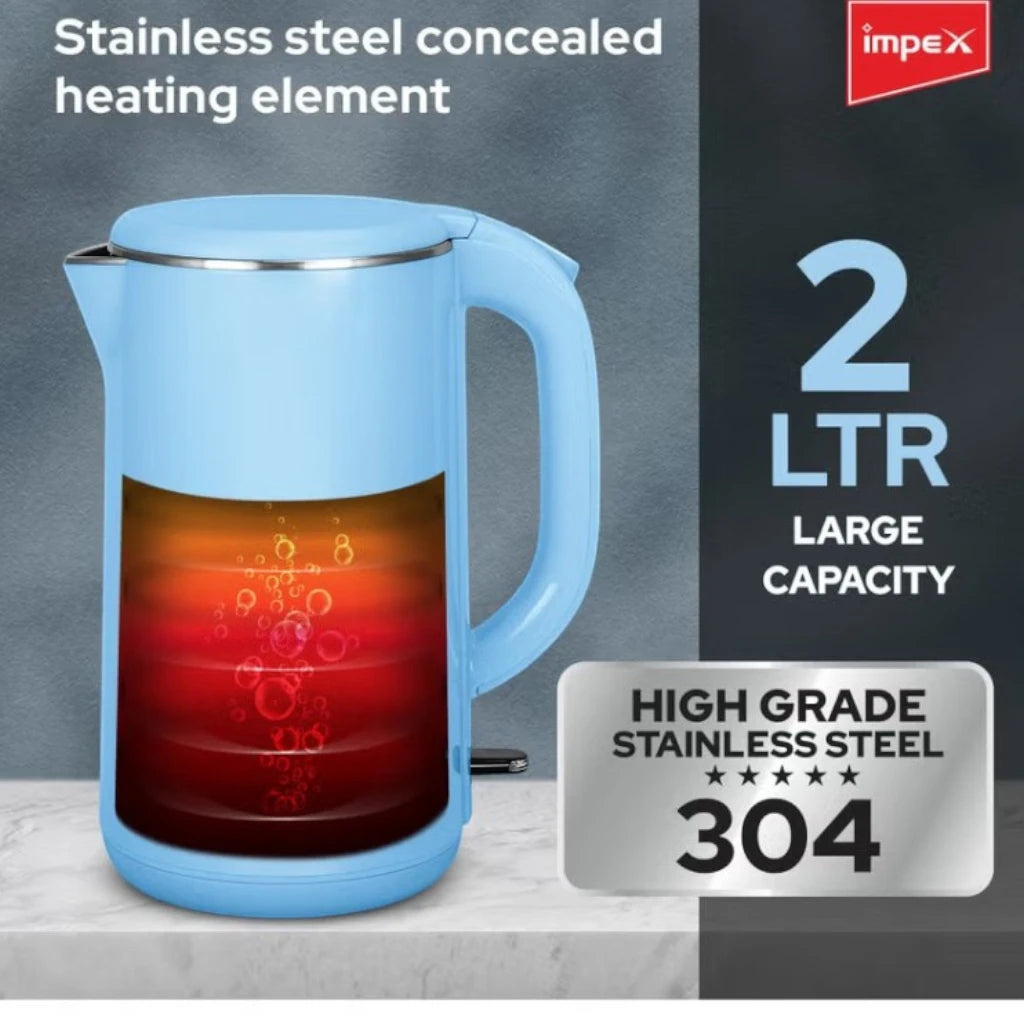 Impex 2.0L Double Layer Electric Kettle (Steamer 2002) – 1500W 304 Stainless Steel Kettle with Seamless Inner Body, FADA Double Controller, 360° Cordless Base, Auto Shut-Off & Indicator Light – Blue - Damoo