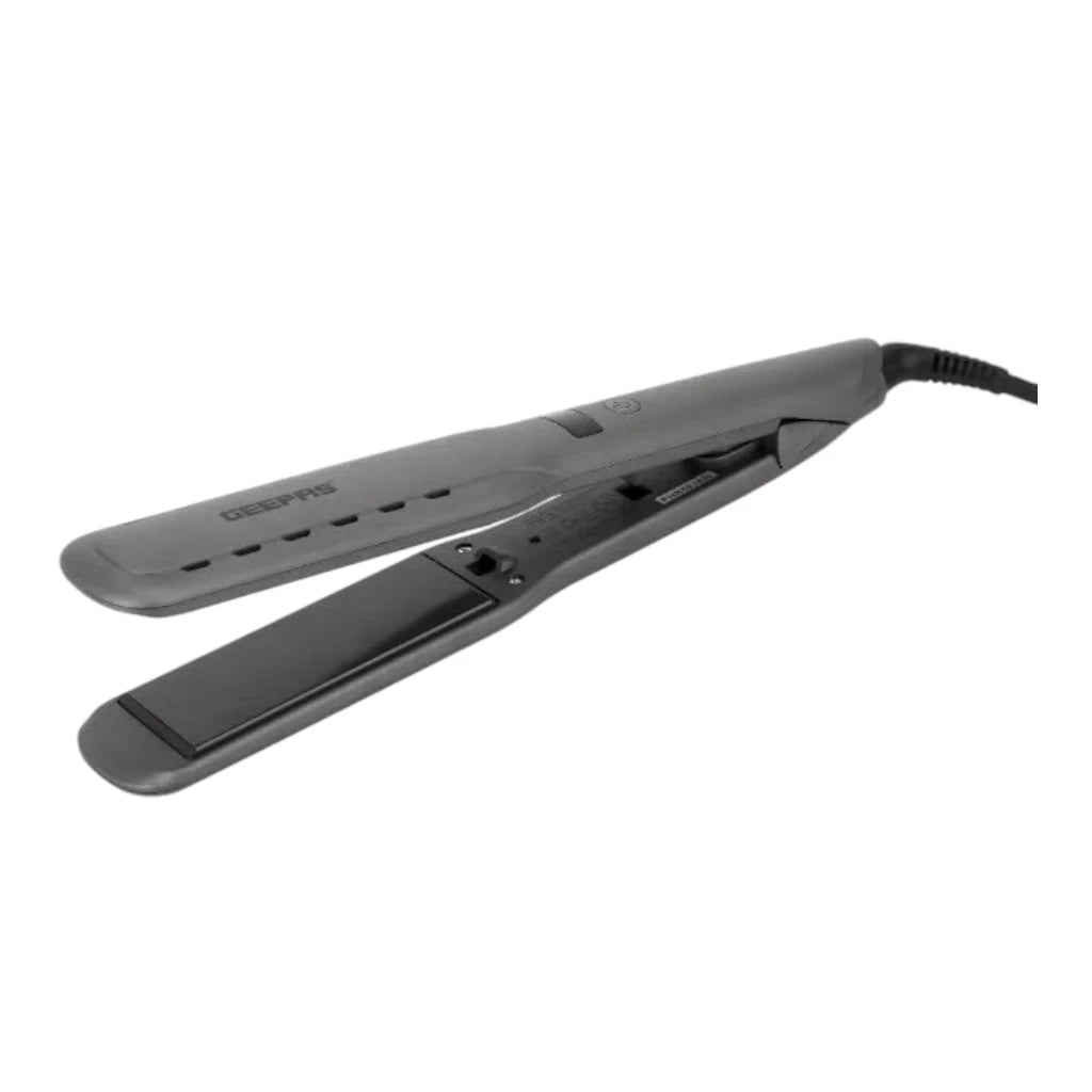 Geepas Wet and Dry Hair Straightener – 230°C Adjustable Temperature, Ceramic Coated Floating Plates, Ionic Function, LCD Display, Steam Release, 360° Swivel Cord & Hanging Loop – For All Hair Types - GHS86050 - Damoo