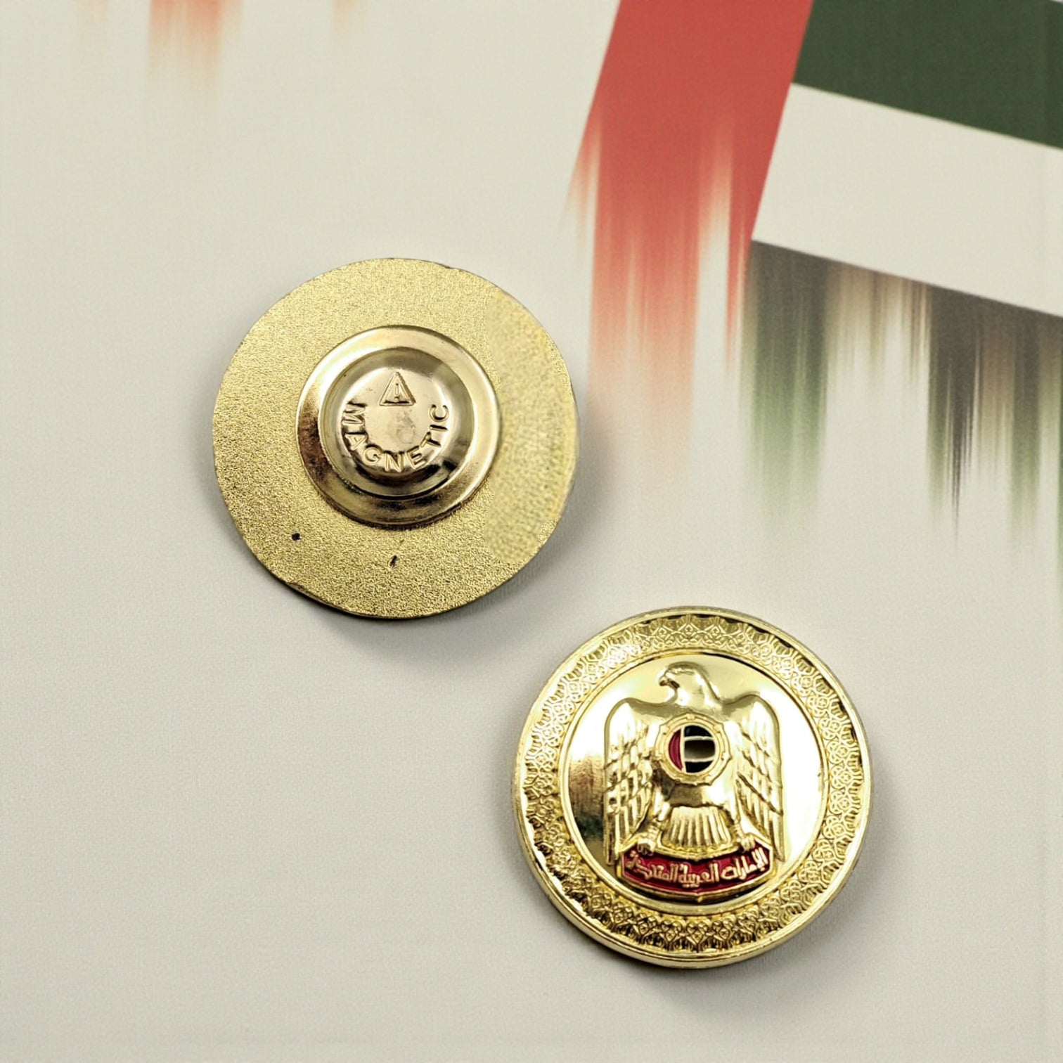 UAE Emblem Gold Magnetic Badge – Round National Eagle Design – Enamel Lapel Magnet (H3cm x W3cm) - Damoo