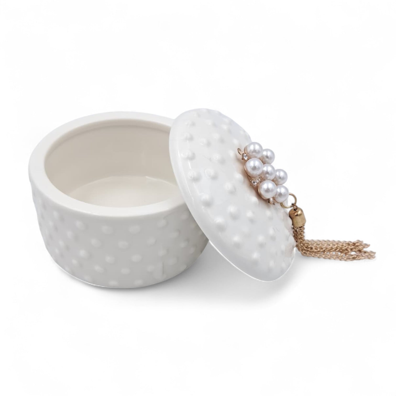 Elegant Porcelain Jewelry Box with Pearl & Crystal Lid – White Round Decorative Trinket Holder with Golden Tassel Accent