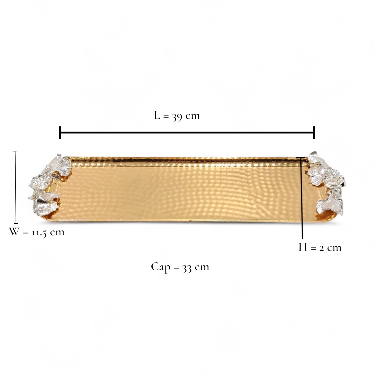 Luxury Hammered Gold Rectangular Serving Tray with Silver Floral Handles – Stainless Steel Decorative Tray for Elegant Dining and Home Décor - Damoo