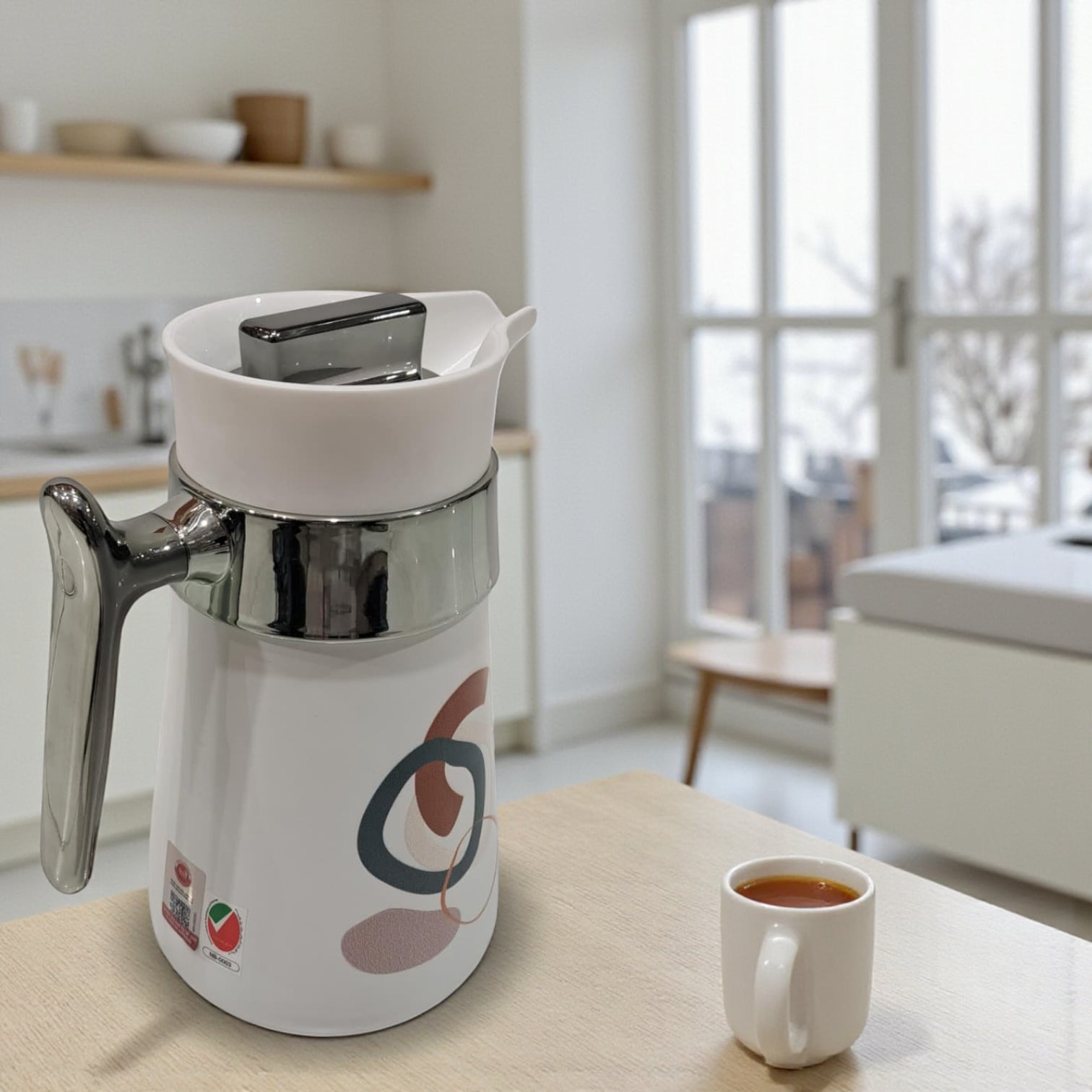 Regal Painted Vacuum Flask 1.0L – Modern White Design with Chrome Handle | Stylish Insulated Jug for Hot & Cold Beverages | Geometric Print | Double Wall Thermal Flask