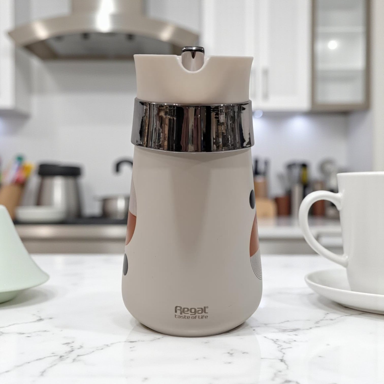 Regal Painted Vacuum Flask 1.0L – Modern Cream Design with Chrome Handle | Stylish Insulated Jug for Hot & Cold Beverages | Geometric Print | Double Wall Thermal Flask