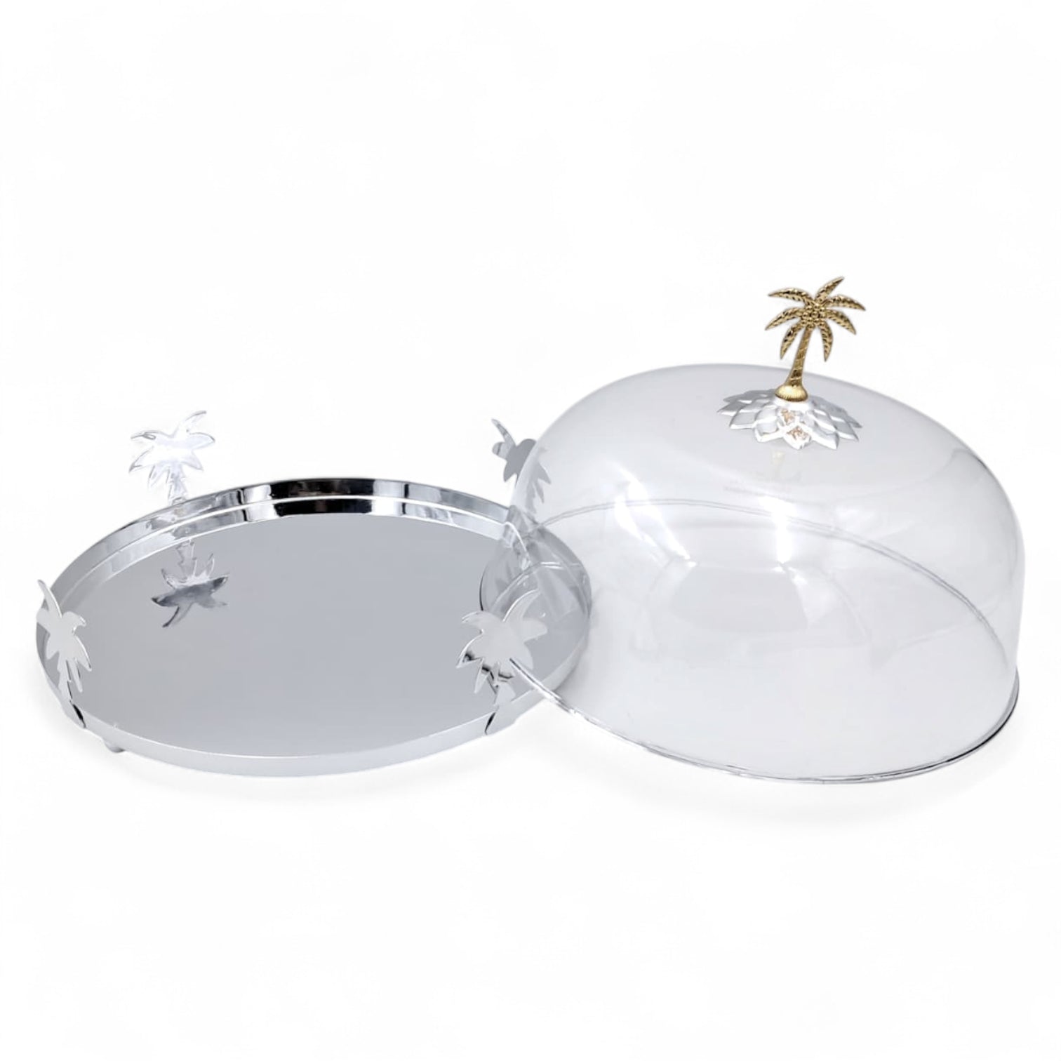 Luxury Silver & Gold Palm Tree Cake Stand with Dome Lid – Classic Steel & Brass Dessert Display Tray | Elegant Serving Platter for Cakes, Pastries & Parties