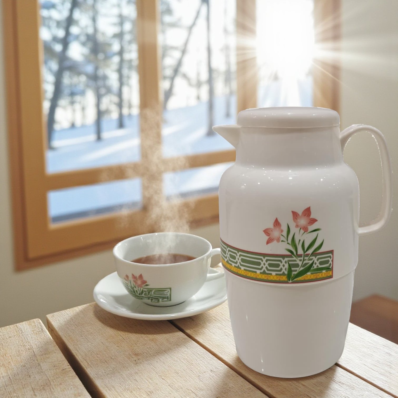 Insulated Vacuum Jug 2.2L – Floral-design | Premium Plastic Thermos Flask with Q100 Glass Insert | German-Made Double-Wall Design for Excellent Heat Retention - Damoo