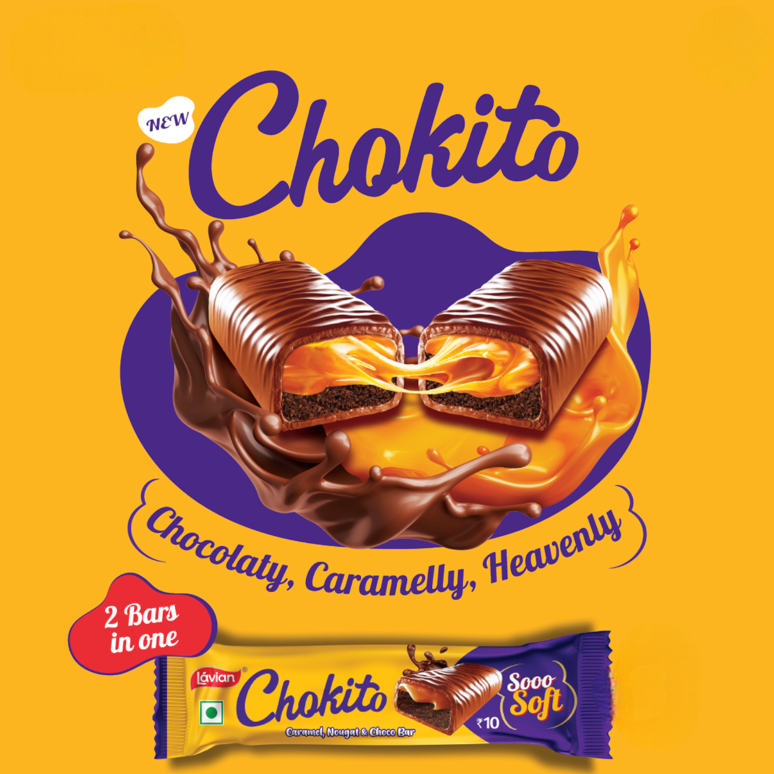 Lavian Chokito Caramel Nougat & Choco Bar – Soft Chocolate Filled Snack Treat, 2 Bars in One – Chocolaty, Caramelly & Heavenly - Damoo
