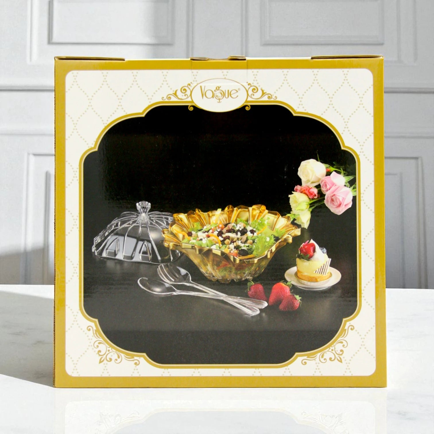 Clear Acrylic Salad & Appetizer Serving Bowl with Lid, Gold-Edged Base & 2 Matching Clear Spoons – Elegant Serving Dish with Handle-Top Cover - Damoo