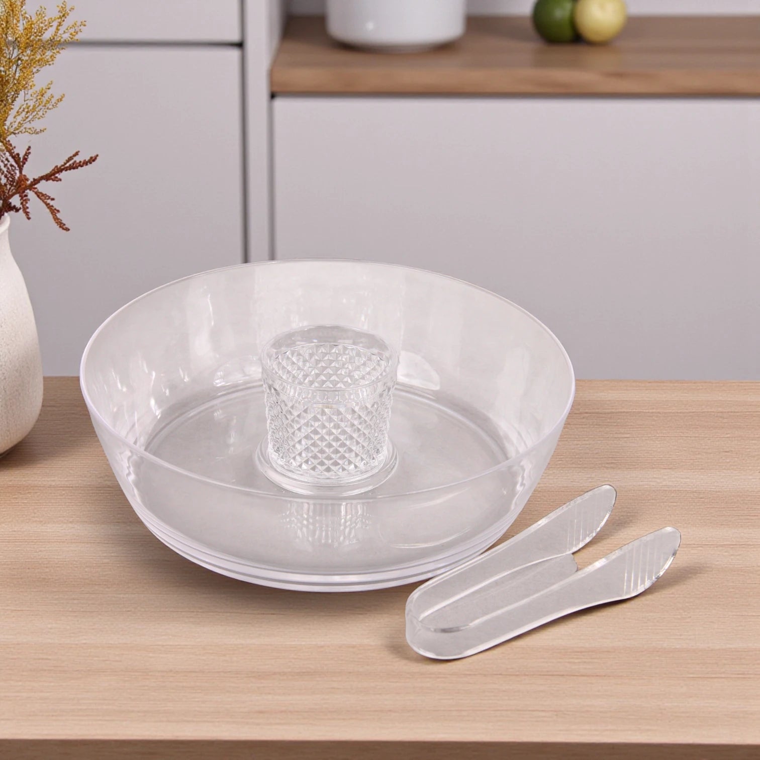 Clear Acrylic Salad Bowl Set with Dome Lid & Dip Compartment – Elegant Serving Dish with Tongs for Parties, Picnics & Summer Events - Damoo