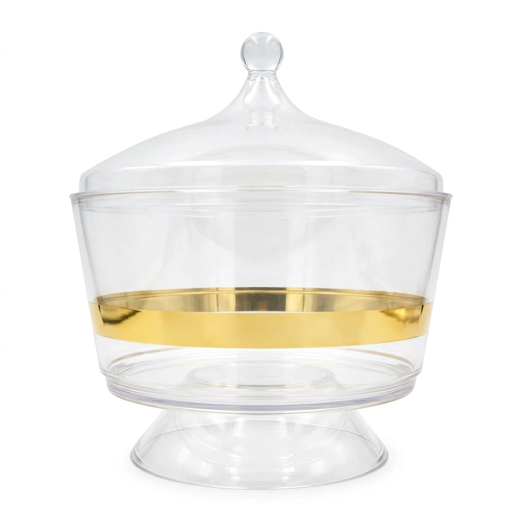 Clear Acrylic Serving Bowl with Lid, Gold Strap Accent & Pedestal Base – Elegant Food Server for Salads, Rice, and More - Damoo
