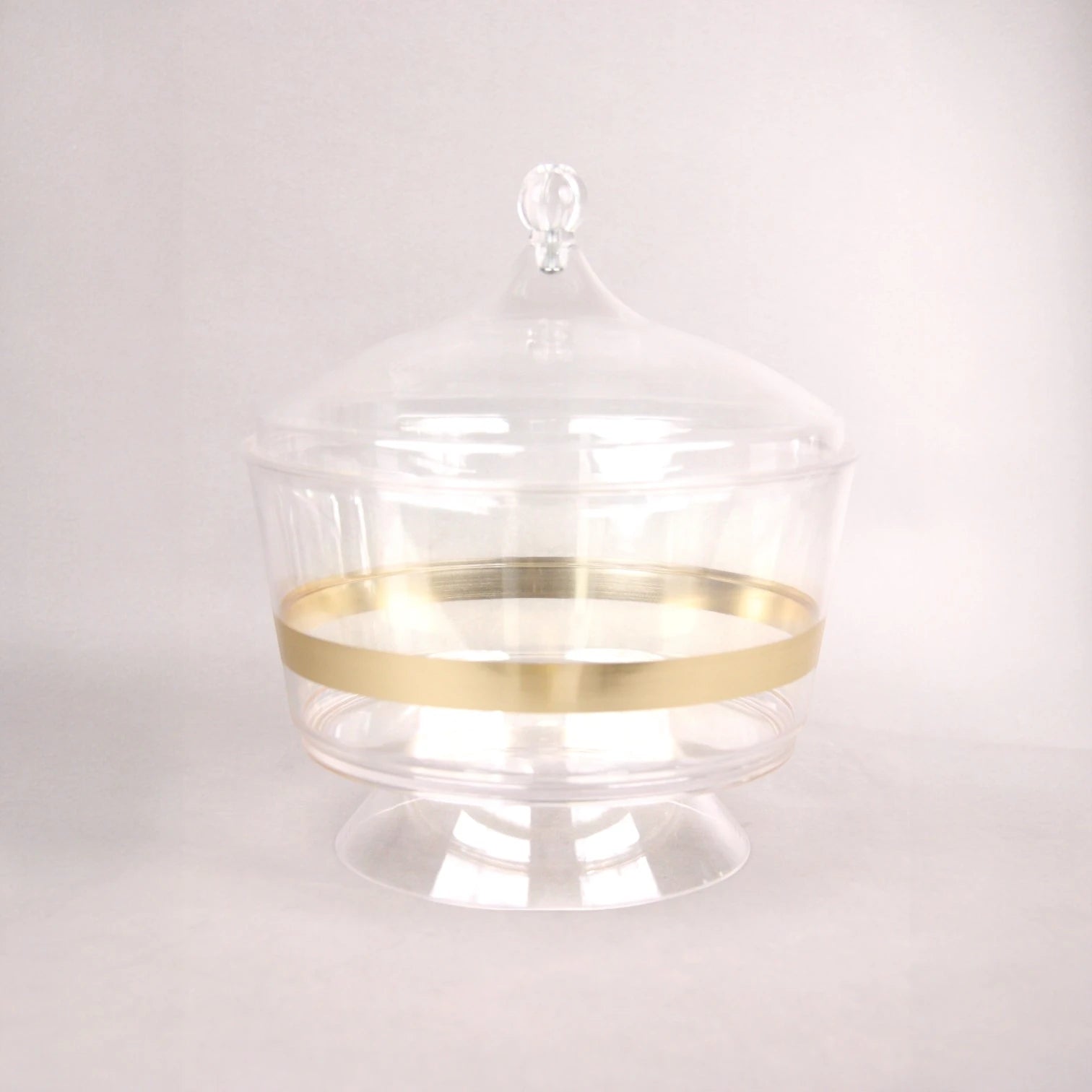 Clear Acrylic Serving Bowl with Lid, Gold Strap Accent & Pedestal Base – Elegant Food Server for Salads, Rice, and More - Damoo