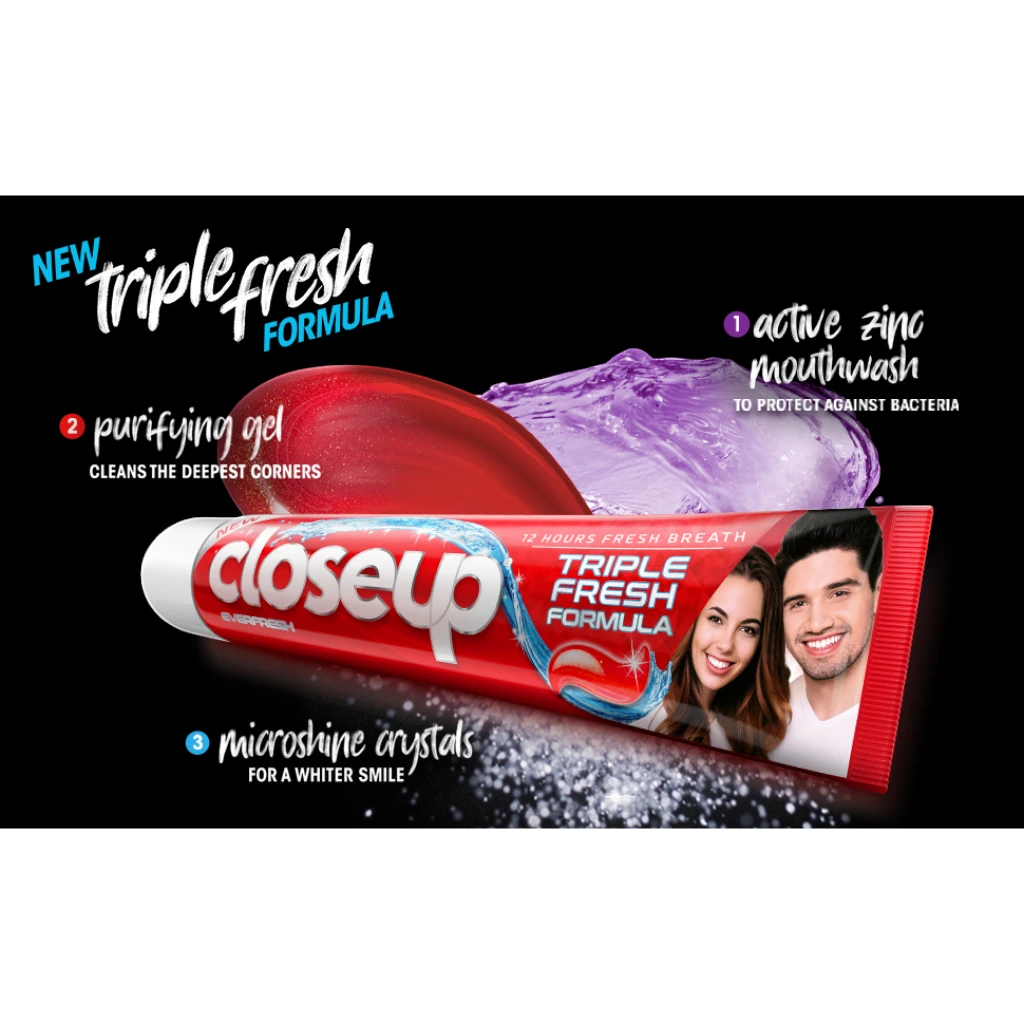 Closeup Triple Fresh Gel Toothpaste Red Hot Flavor 75ml x 4 Pack – 12-Hour Fresh Breath with Antibacterial Mouthwash & Microshine Crystals - Damoo