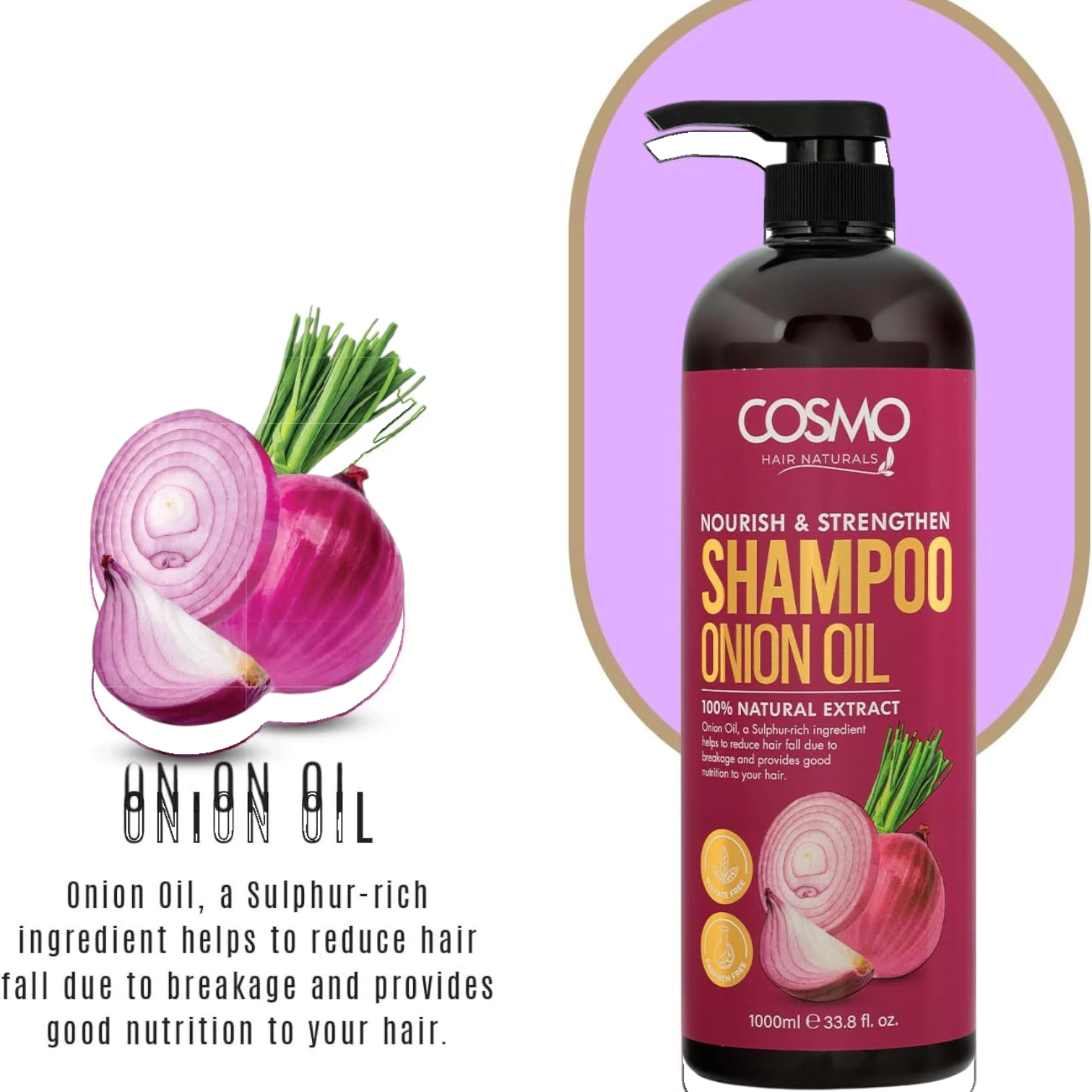 COSMO Onion Oil Shampoo 1000ml – Nourish & Strengthen with Amla | Sulfate-Free, Paraben-Free, 100% Natural Extracts | Daily Use for Men & Women - Damoo