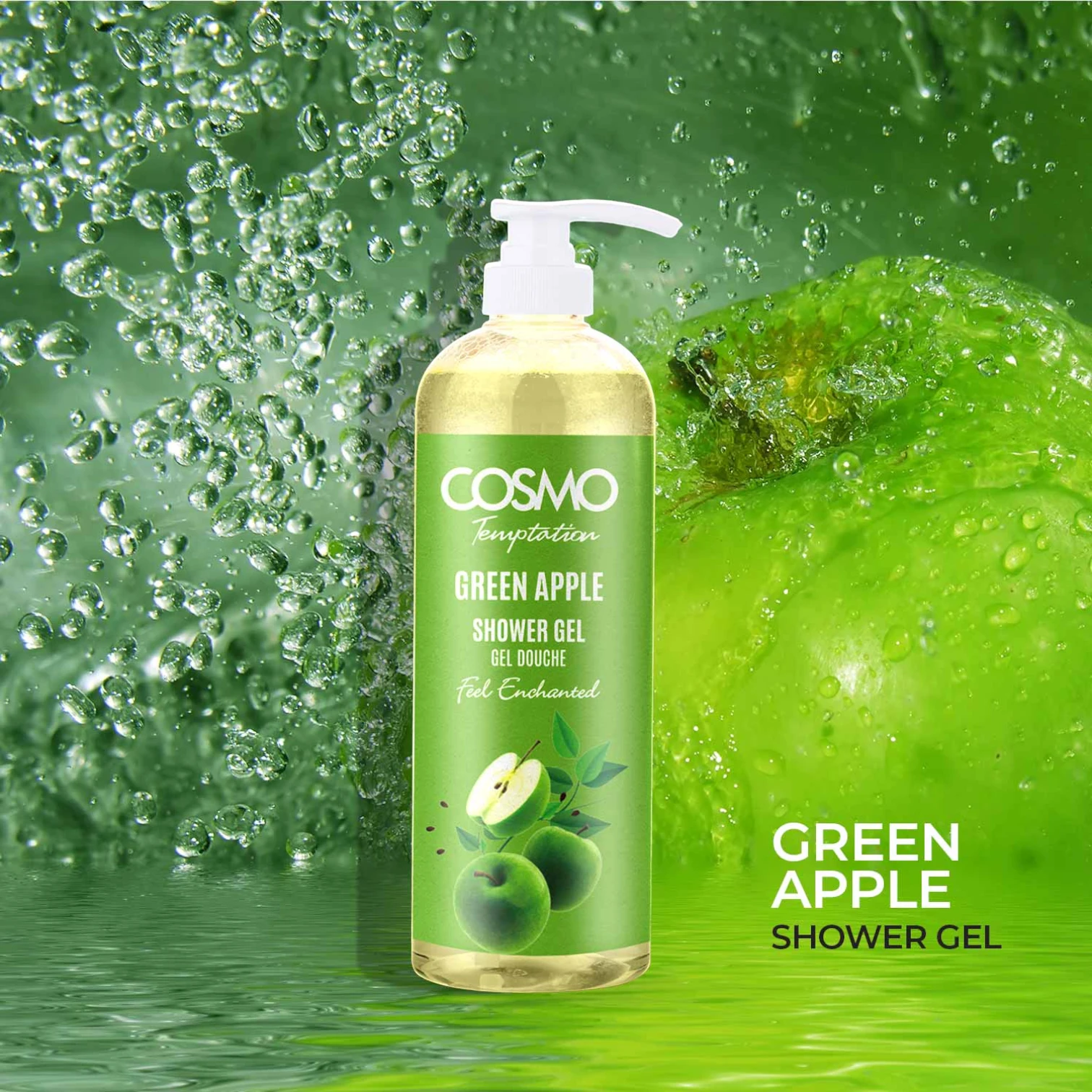 COSMO temptation Green Apple Shower Gel – Refreshing Daily Body Wash with Apple Extract, Aloe Vera & Silk Peptides for Soft, Hydrated Skin, 1000ml - Damoo