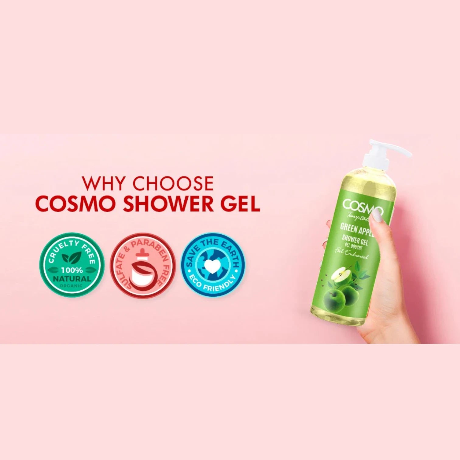 COSMO temptation Green Apple Shower Gel – Refreshing Daily Body Wash with Apple Extract, Aloe Vera & Silk Peptides for Soft, Hydrated Skin, 1000ml - Damoo