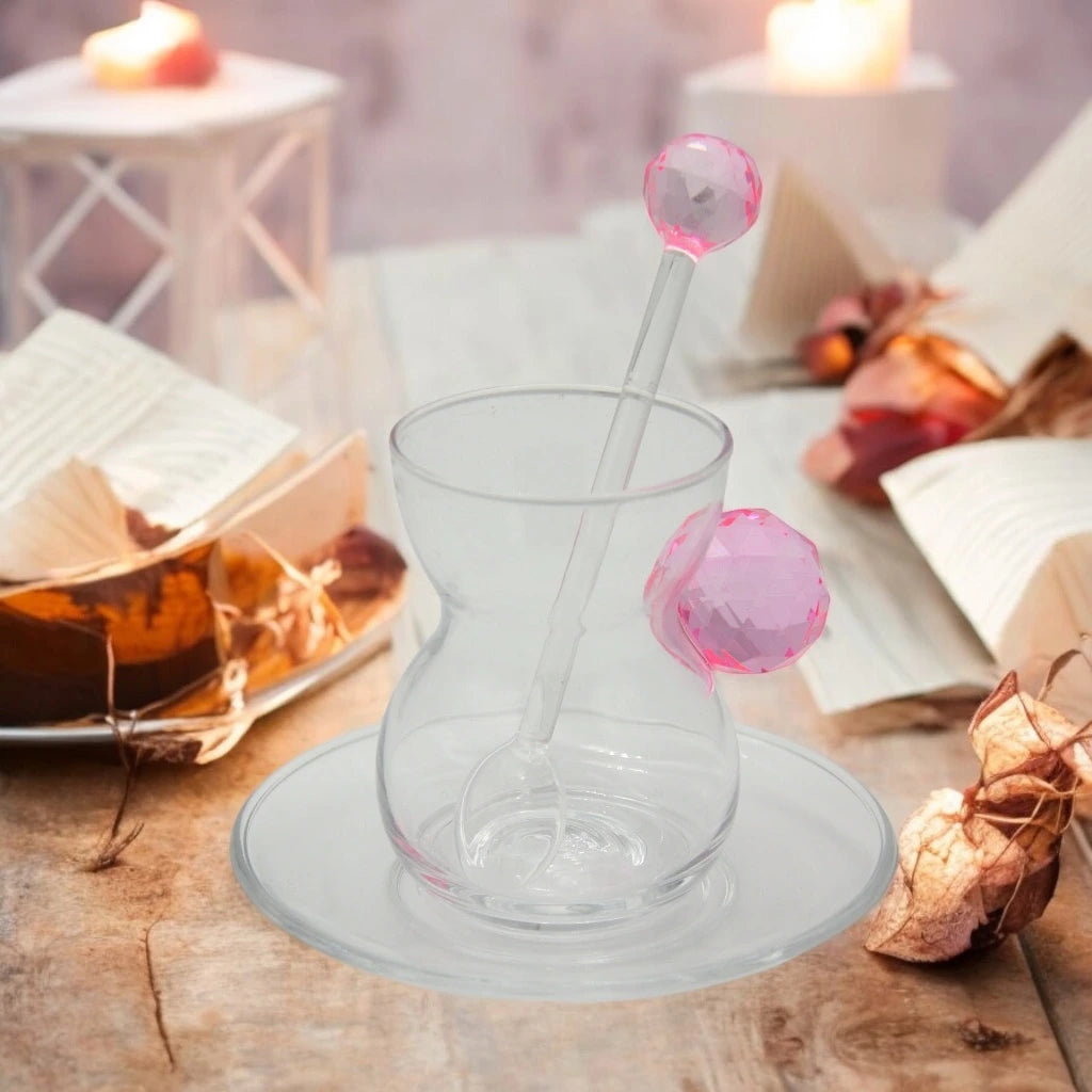 Crystal House Elegant 24-Piece Include Tea Cups & Saucer & Coffee Cup & stirring sticks Complete Set with Crystal Handle - Damoo