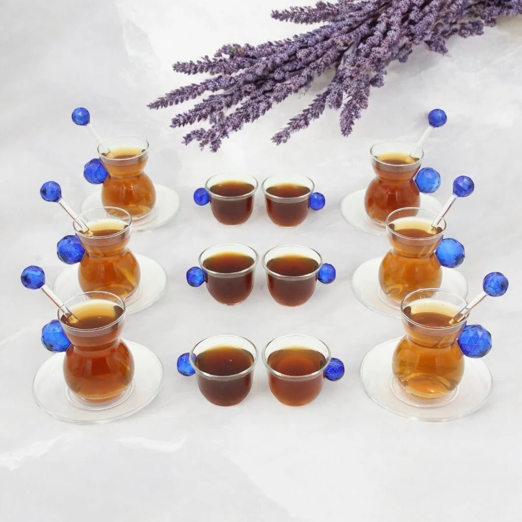 Crystal House Elegant 24-Piece Include Tea Cups & Saucer & Coffee Cup & stirring sticks Complete Set with Crystal Handle - Damoo