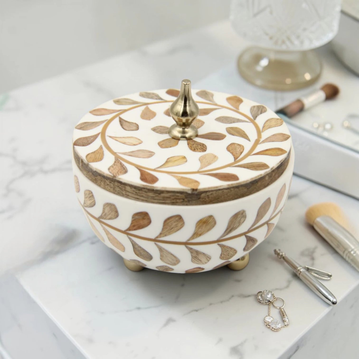 Round Squat Decorative Storage Box with Whitewash Carving – Handmade Wooden Box with Lid & Metal Feet – Elegant Home Décor Organizer (12H x 13L x 13W CM)