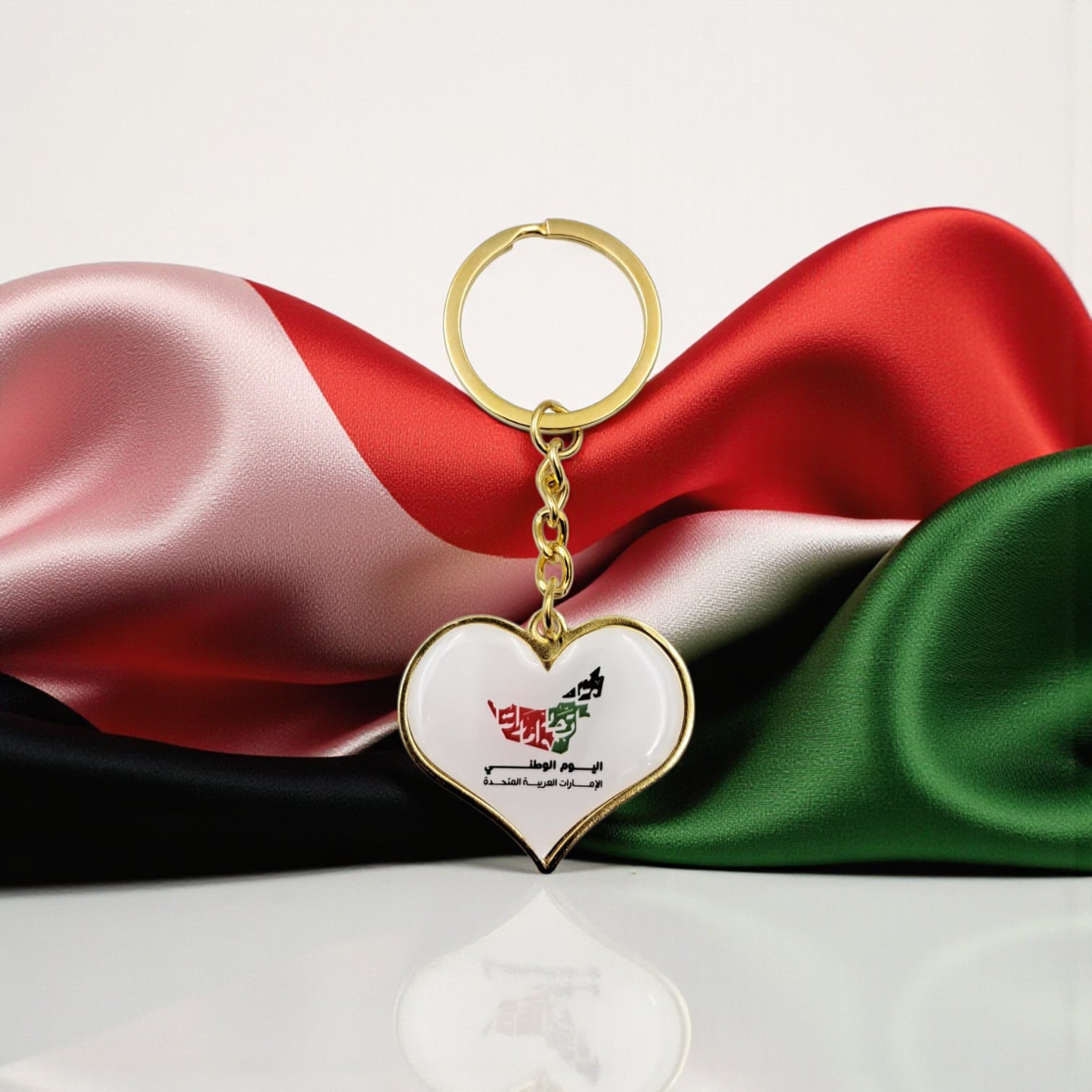 UAE National Day Heart Keychain – Gold Metal Key Ring with Emirati Map Design | 9cm x 4cm Patriotic Souvenir Gift - Damoo
