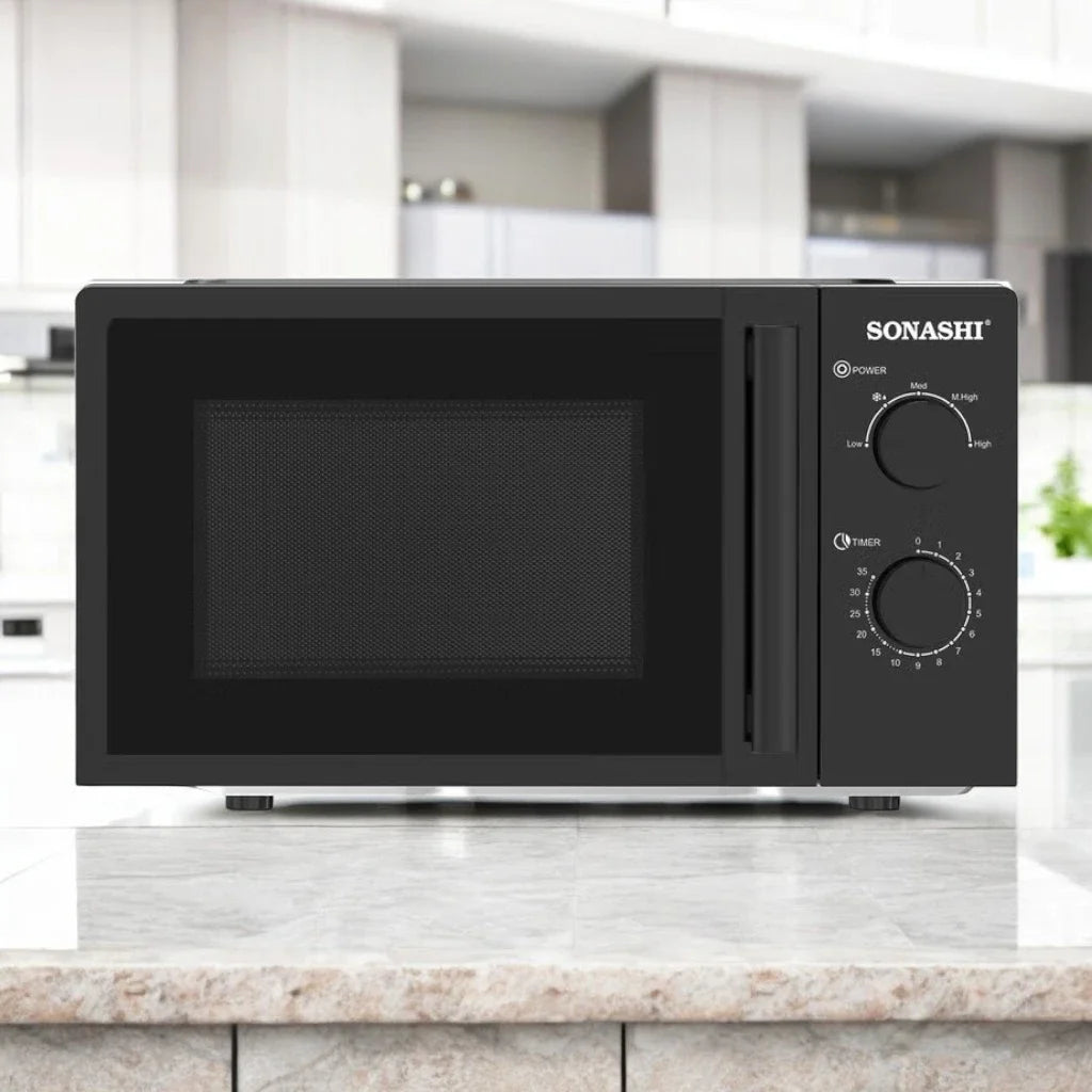 SONASHI 20L Manual Microwave Oven – SMO-920 Black | 700W Power, 245mm Turntable Glass Tray, 6 Power Levels, Defrost Function, 30-Min Timer, Pull Handle Door – Compact & Efficient Design for Everyday Cooking - Damoo