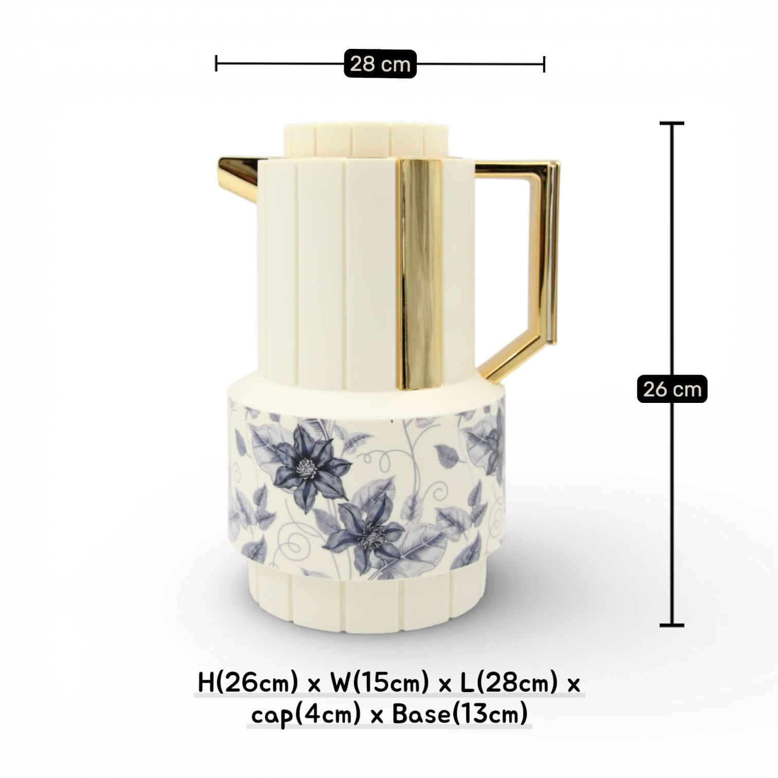 Parati Luxury Vacuum Insulated Coffee & Tea Flask with Gold Handle – Stainless Steel Thermal Beverage Server with Floral Design, Hot & Cold Drink Thermos (26H x 28L × 15W CM, Base 13 CM) - Damoo