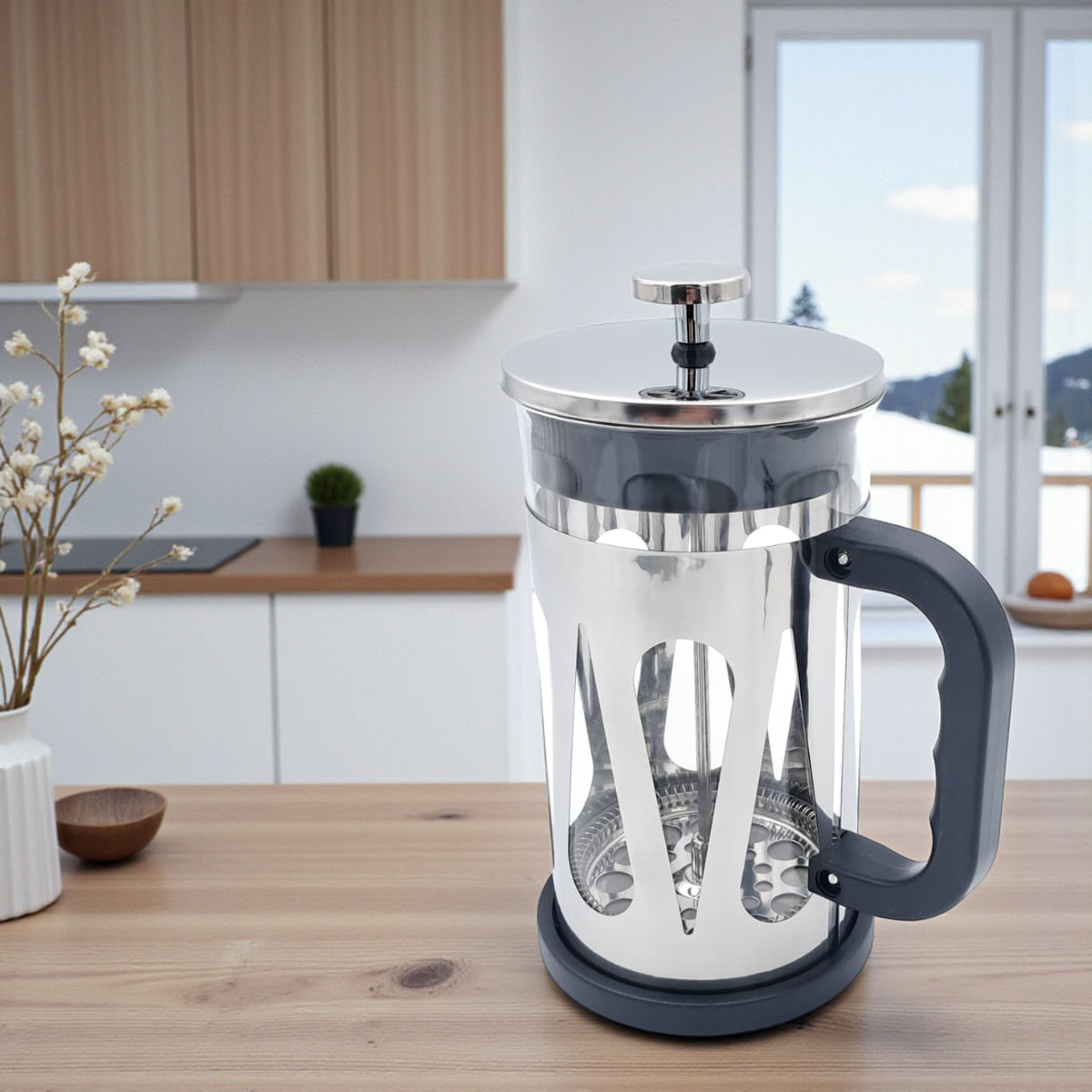 HTH French Press Coffee Maker 1000ml – Premium Stainless Steel Glass Coffee & Tea Press Pot | Heat-Resistant Borosilicate Glass, Gold & Silver Colors