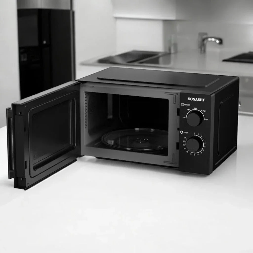 SONASHI 20L Manual Microwave Oven – SMO-920 Black | 700W Power, 245mm Turntable Glass Tray, 6 Power Levels, Defrost Function, 30-Min Timer, Pull Handle Door – Compact & Efficient Design for Everyday Cooking - Damoo