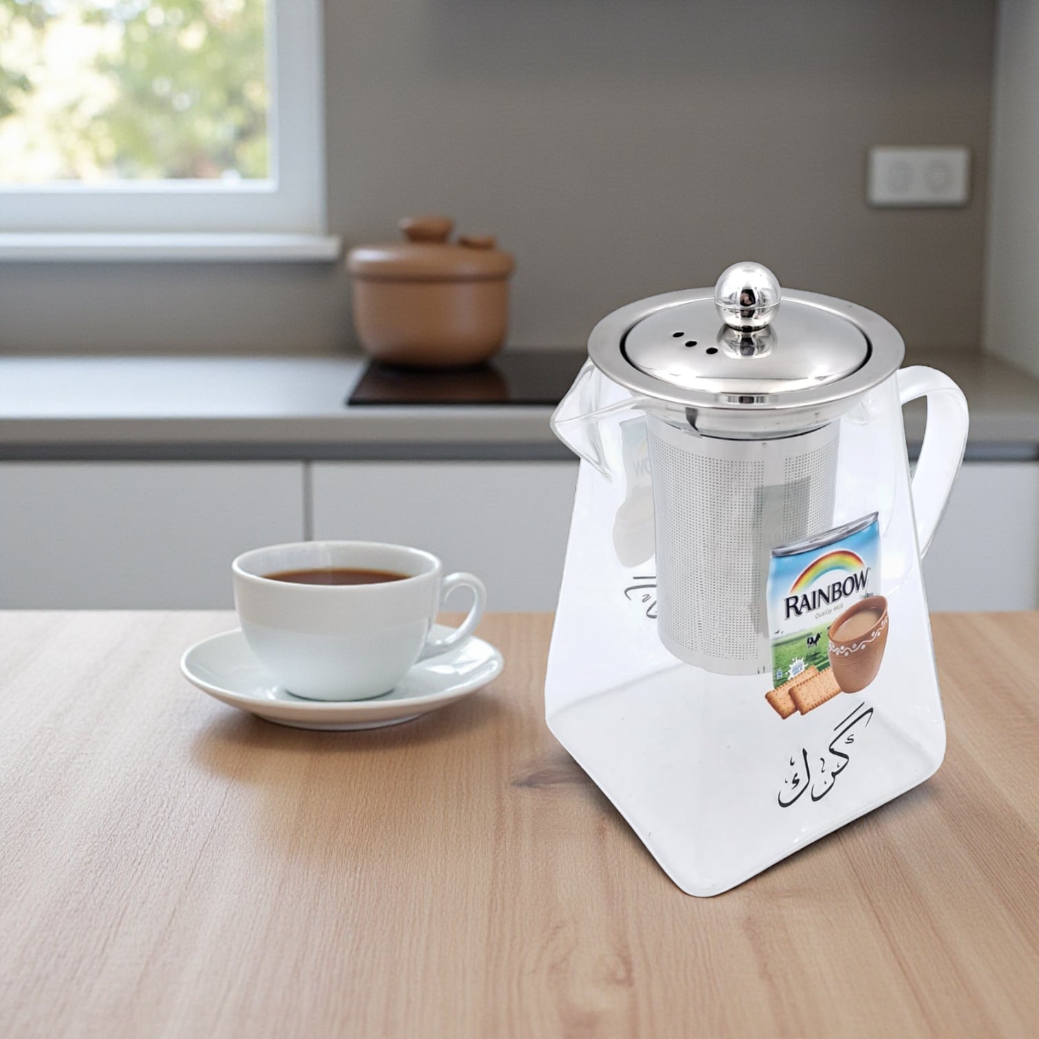 Karak Tea Glass Kettle with Stainless Steel Filter | Heat Resistant Borosilicate Pitcher with Detachable Fine Mesh Infuser | Stovetop Safe | Premium Glass Pot for Chai, Tea & Herbal Drinks