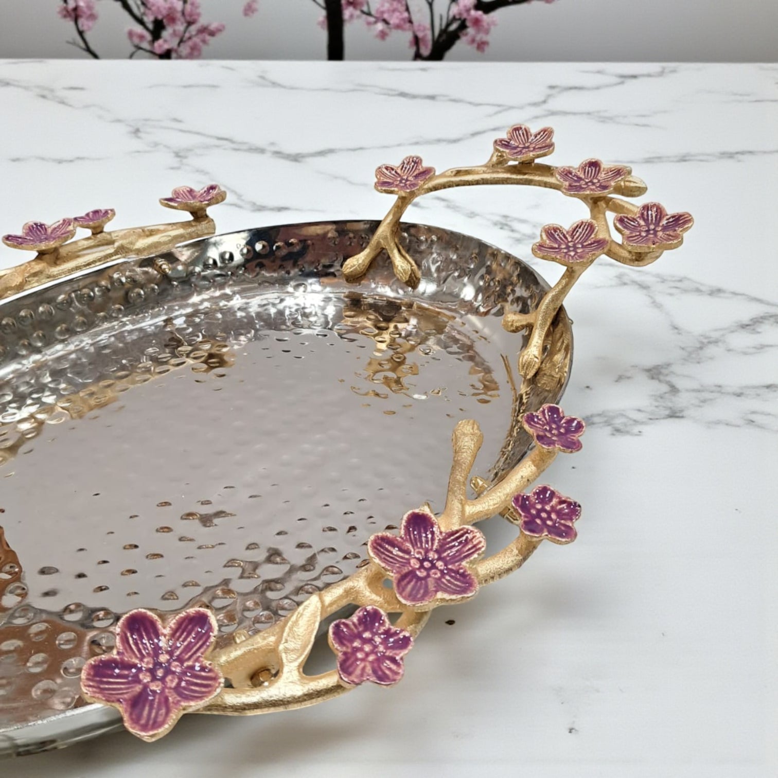 Elongated Hammered Oval Tray with Pink Floral Accents – Stainless Steel & Brass Decorative Serving Platter | Elegant Food-Safe Table Centerpiece - Damoo