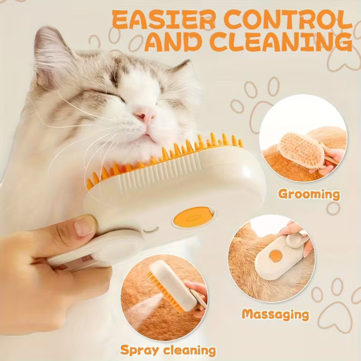 3-in-1 Cat Steam Brush – USB Rechargeable Pet Grooming Brush with Steam, Massage & Hair Removal Functions | Soft Round Comb Teeth, Safe for Cats & Dogs, Anti-Static, Portable Design for Home or Travel - Damoo