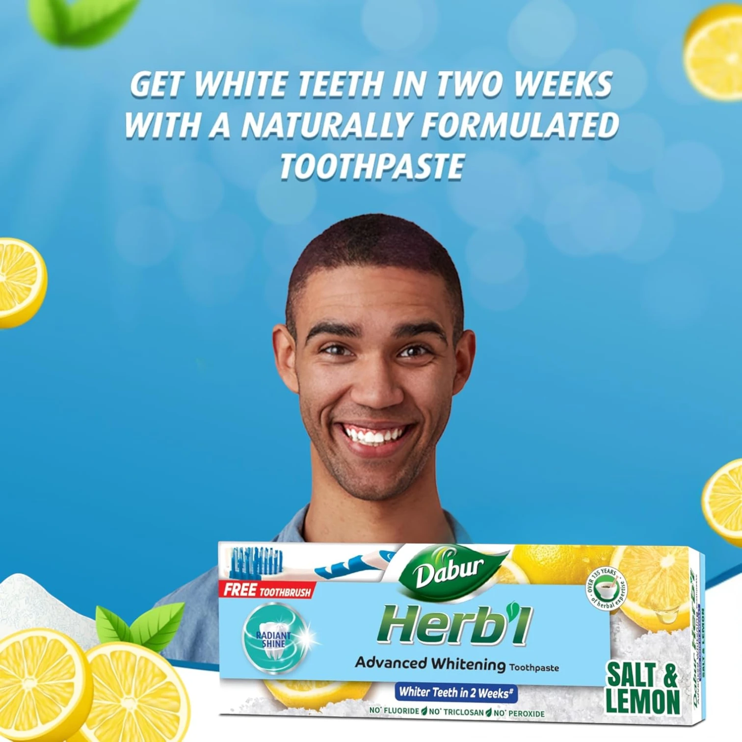 Dabur 2 Pcs Herbal Whitening Natural Toothpaste with Salt & Lemon + Complimentary Toothbrush – Fluoride-Free, Chemical-Free Formula – 150g – For Stain Removal, Plaque Control & Sparkling White Teeth - Damoo