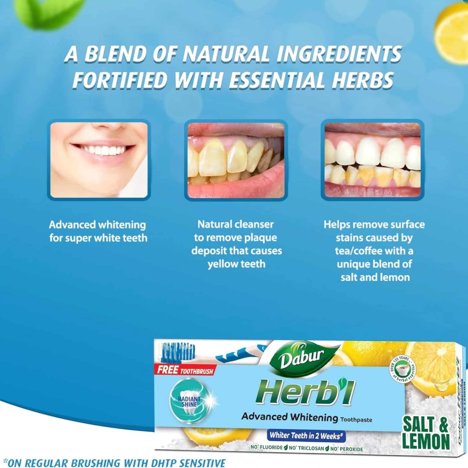 Dabur 2 Pcs Herbal Whitening Natural Toothpaste with Salt & Lemon + Complimentary Toothbrush – Fluoride-Free, Chemical-Free Formula – 150g – For Stain Removal, Plaque Control & Sparkling White Teeth - Damoo