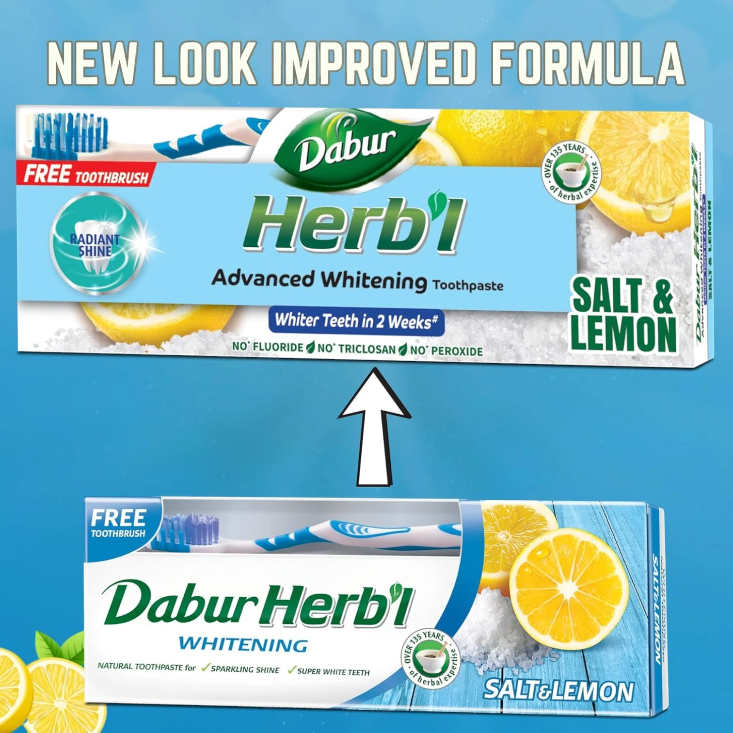 Dabur 2 Pcs Herbal Whitening Natural Toothpaste with Salt & Lemon + Complimentary Toothbrush – Fluoride-Free, Chemical-Free Formula – 150g – For Stain Removal, Plaque Control & Sparkling White Teeth - Damoo